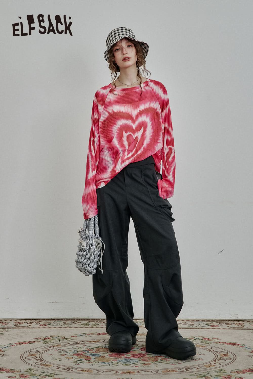 ELFSACK Y2K Full Print Long Sleeve Loose Knit Cardigan Women High Street Thin Cartoon Top