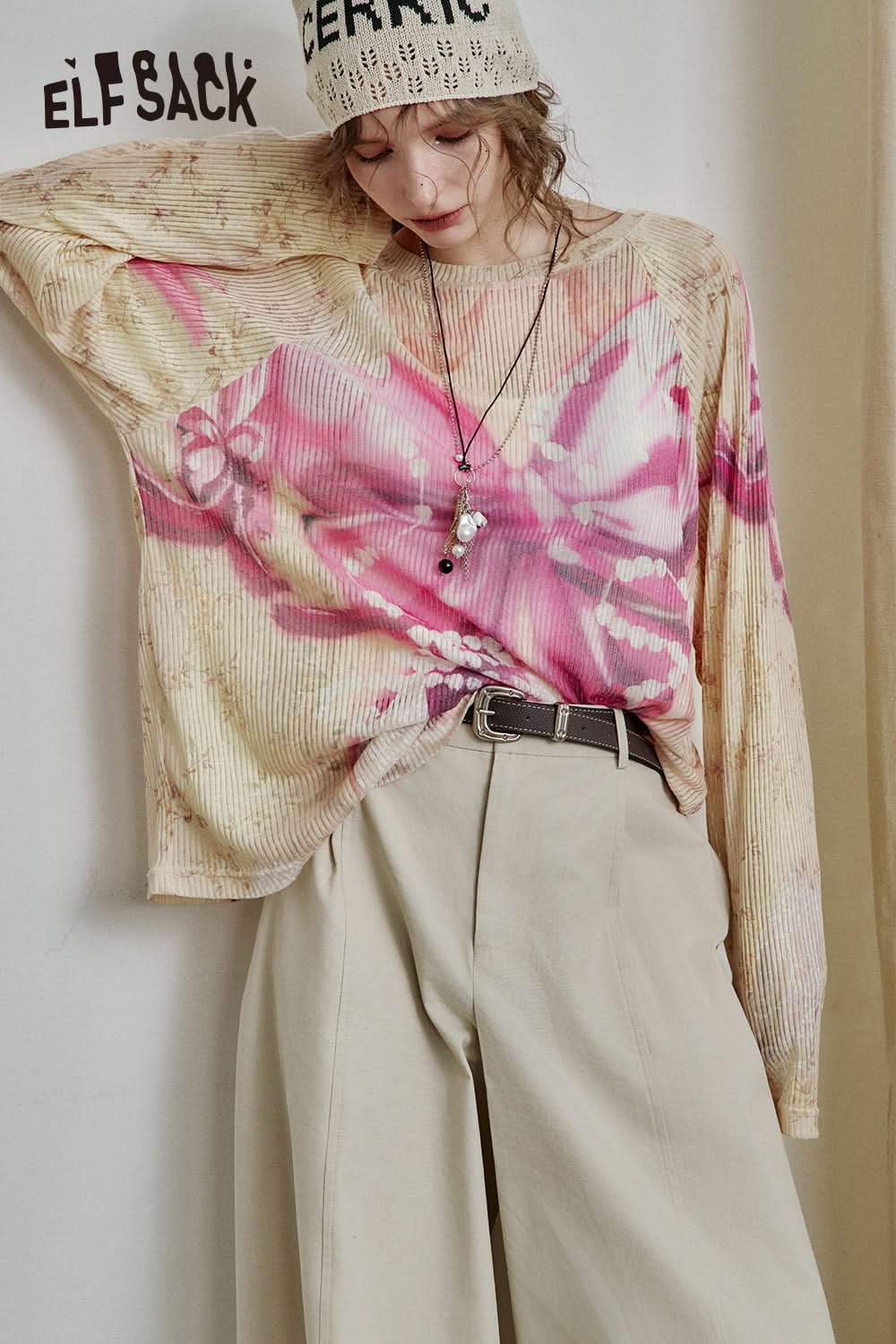 ELFSACK Y2K Full Print Long Sleeve Loose Knit Cardigan Women High Street Thin Cartoon Top