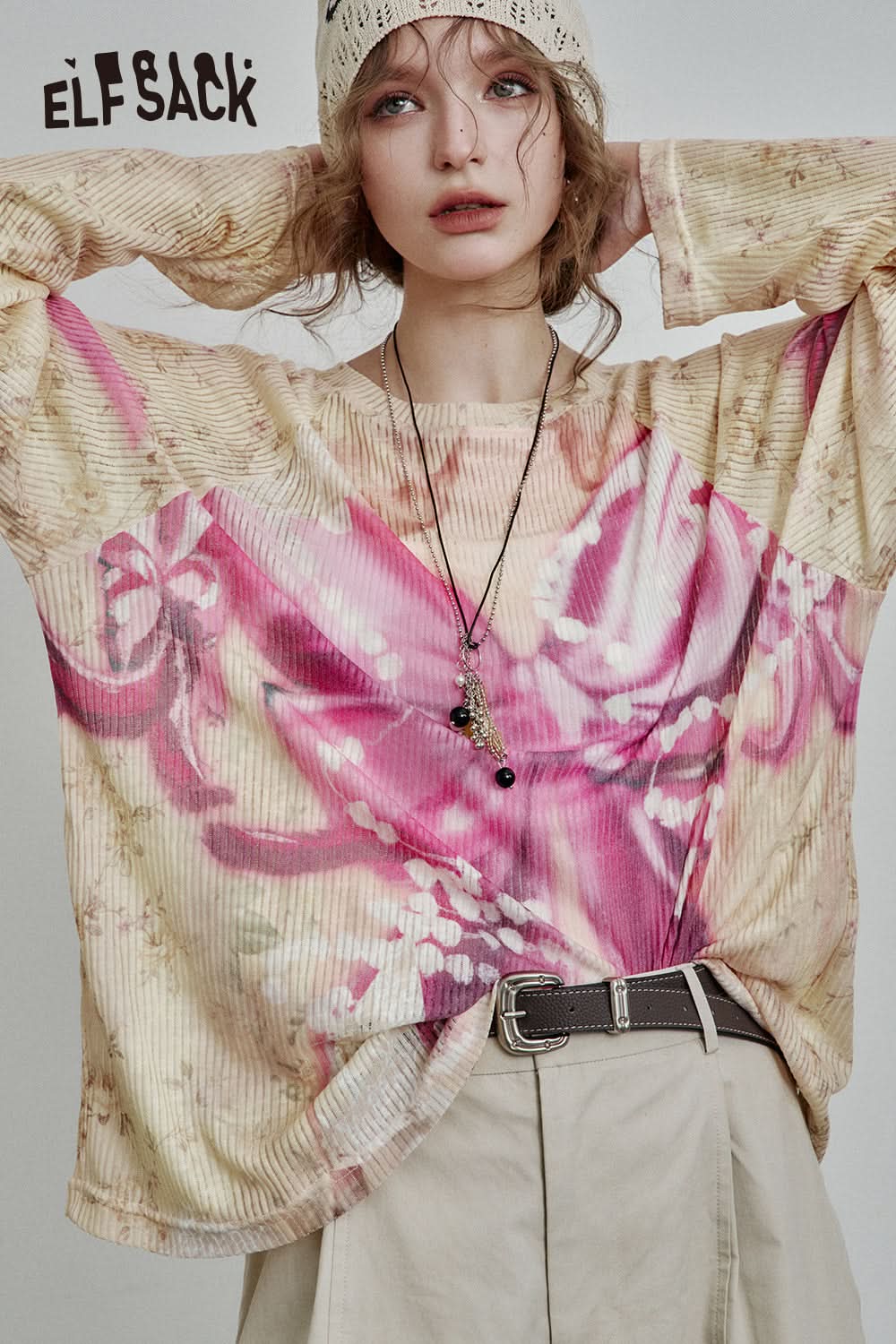 ELFSACK Y2K Full Print Long Sleeve Loose Knit Cardigan Women High Street Thin Cartoon Top