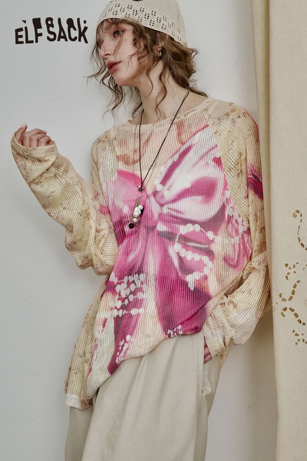 ELFSACK Y2K Full Print Long Sleeve Loose Knit Cardigan Women High Street Thin Cartoon Top