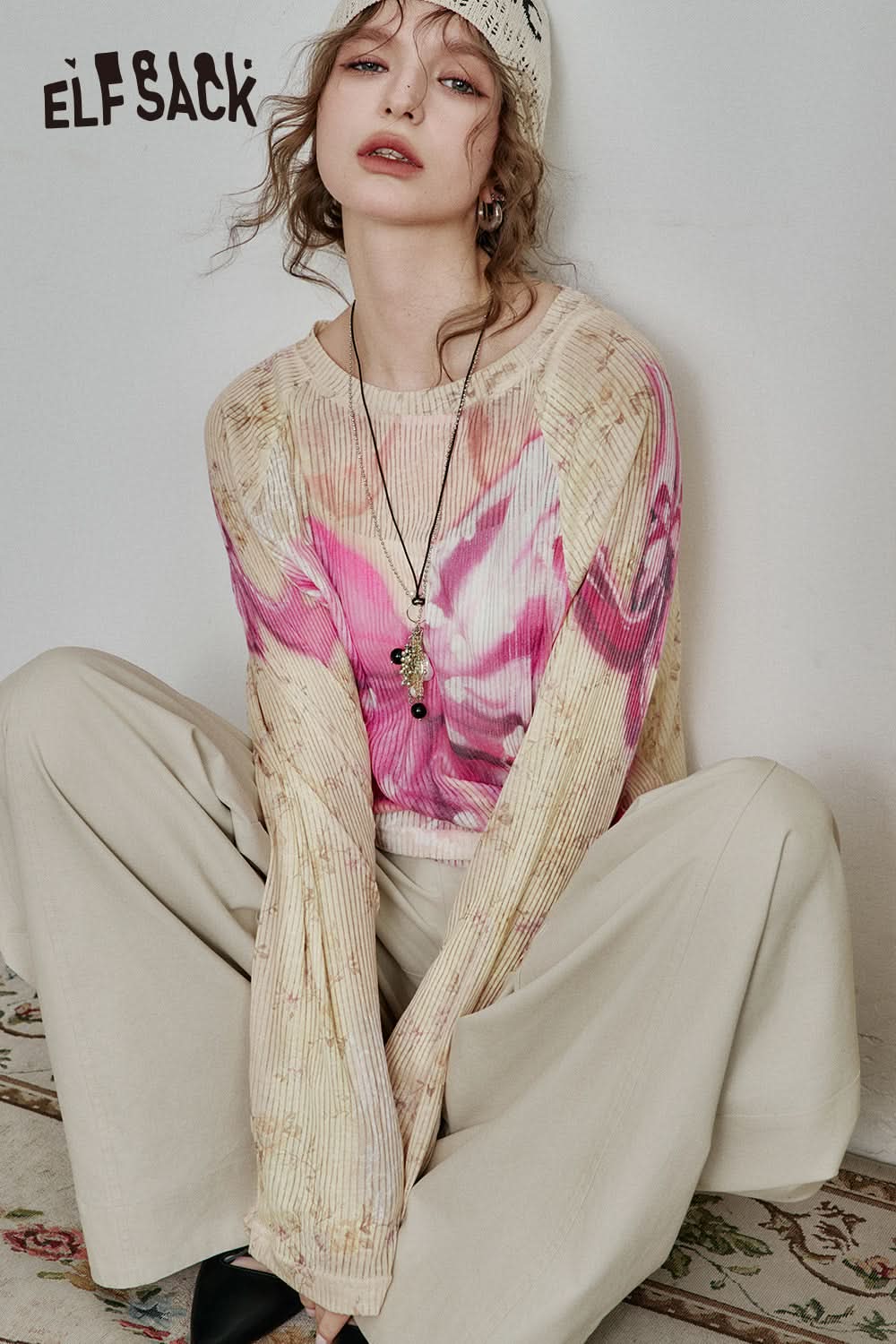 ELFSACK Y2K Full Print Long Sleeve Loose Knit Cardigan Women High Street Thin Cartoon Top