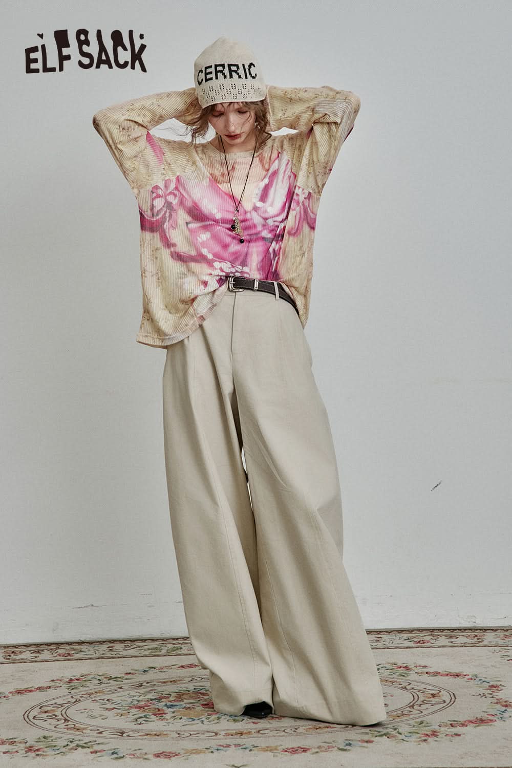 ELFSACK Y2K Full Print Long Sleeve Loose Knit Cardigan Women High Street Thin Cartoon Top