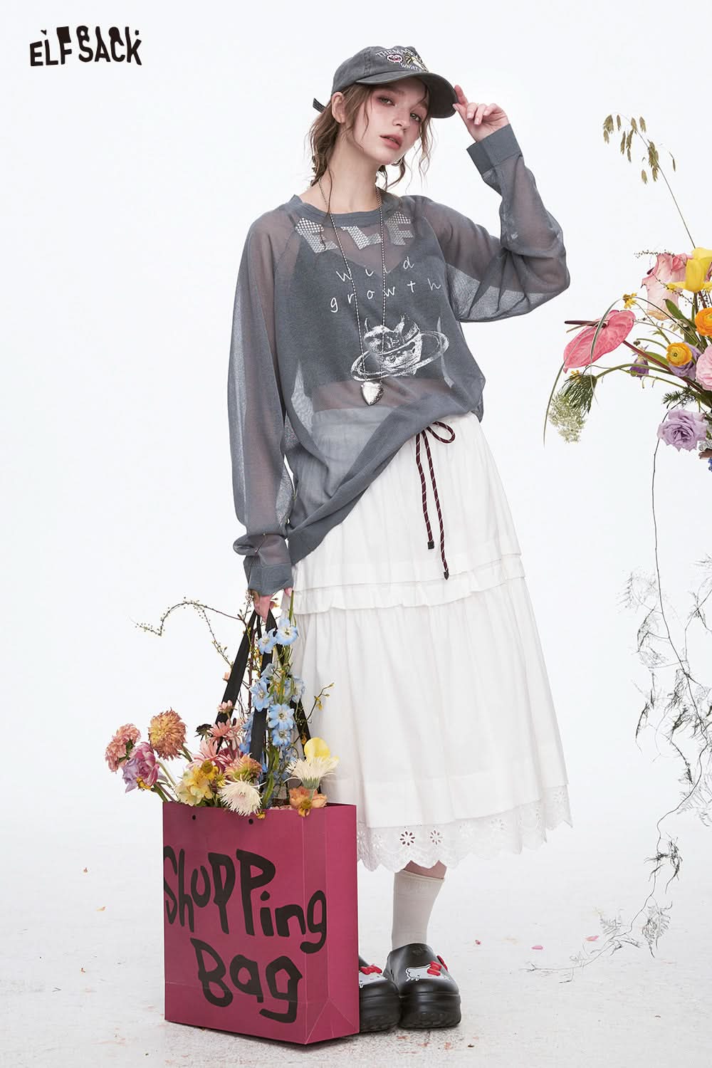 ELFSACK Y2K Original Heart Printed Knitted Pullover Women Sweet Cool Thin Oversize Tops