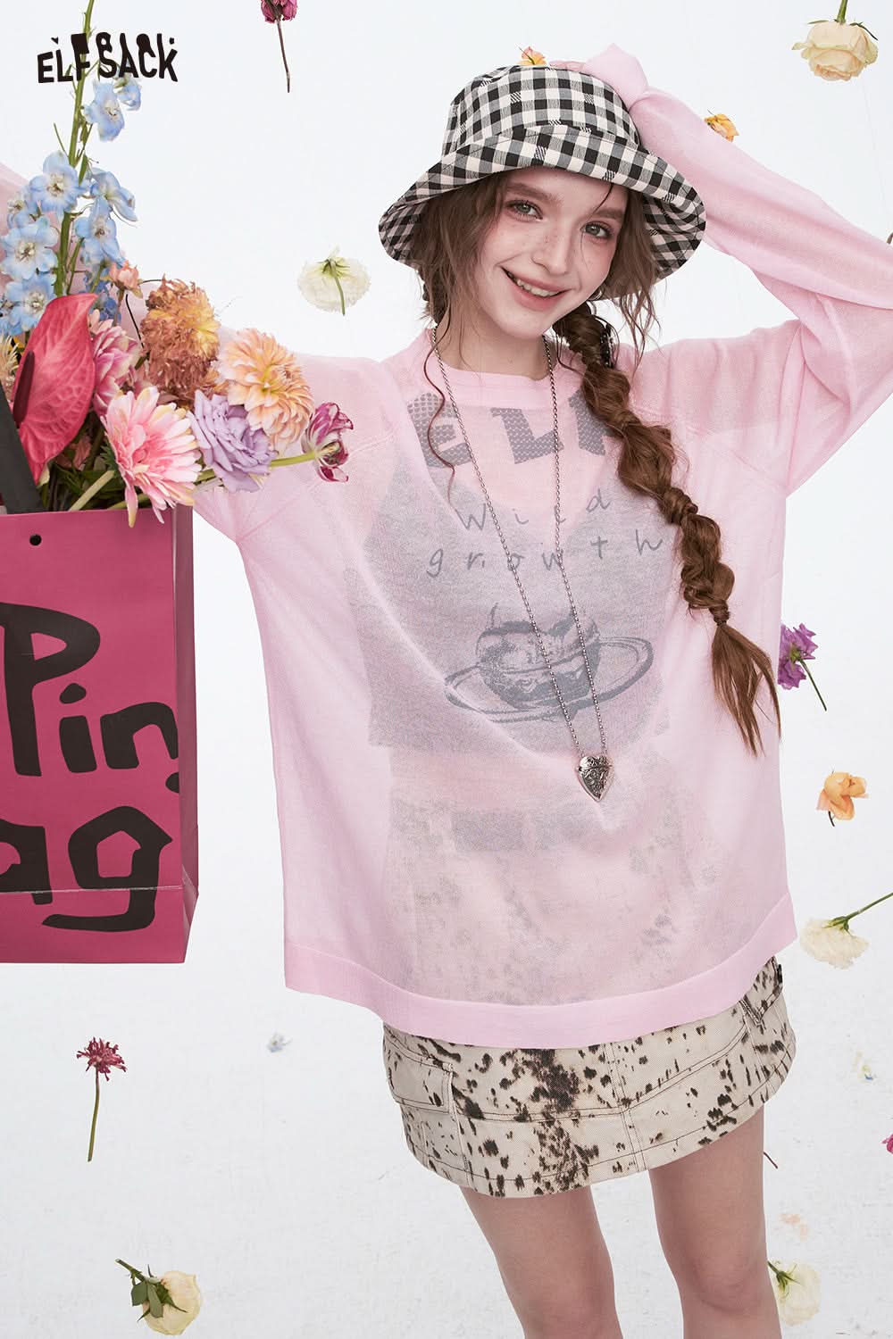 ELFSACK Y2K Original Heart Printed Knitted Pullover Women Sweet Cool Thin Oversize Tops