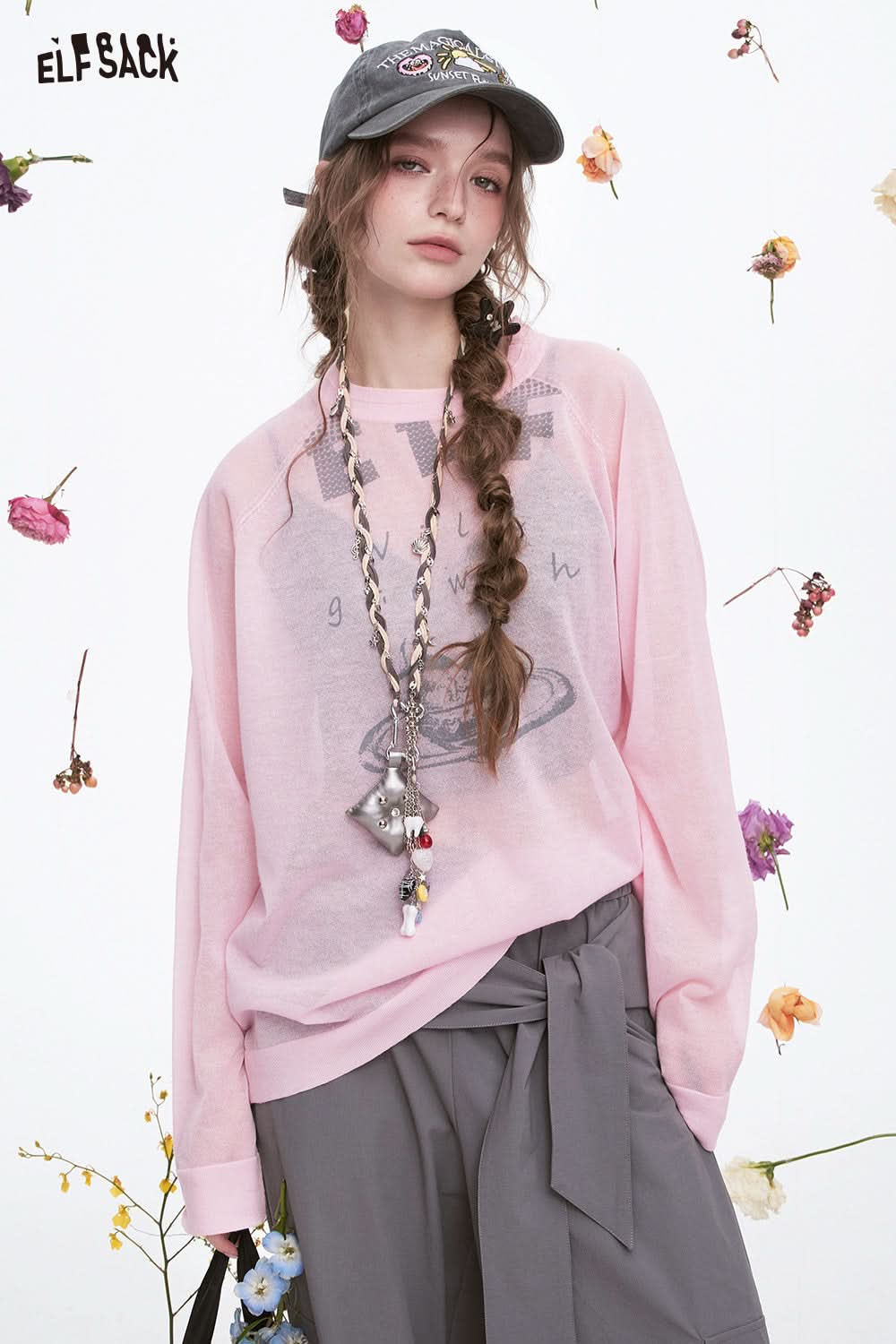 ELFSACK Y2K Original Heart Printed Knitted Pullover Women Sweet Cool Thin Oversize Tops