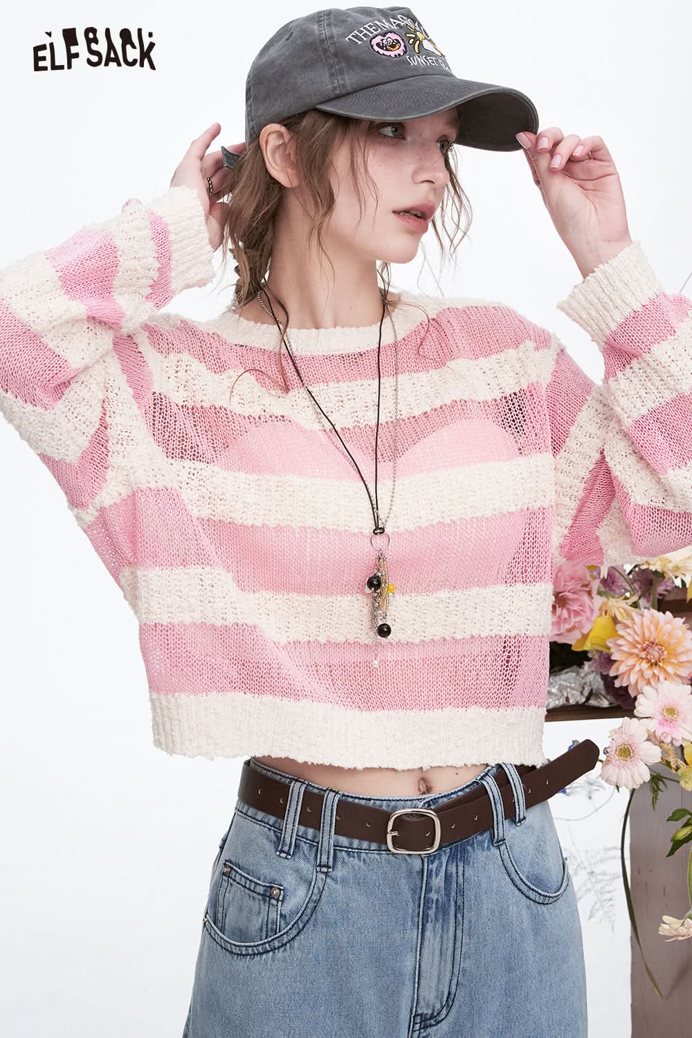 ELFSACK Y2K Pink Striped Hollow Knitted Pullover Women Sweet Thin Loose Tops Women