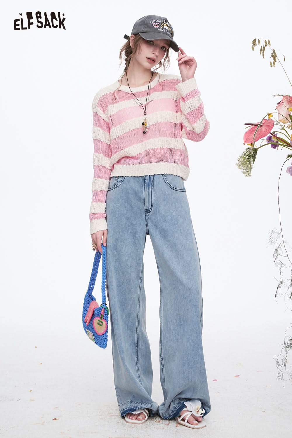 ELFSACK Y2K Pink Striped Hollow Knitted Pullover Women Sweet Thin Loose Tops Women