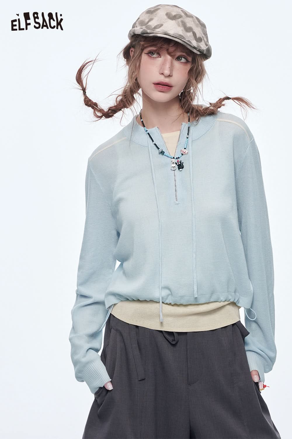 ELFSACK Casual Versatile Solid Loose Knit Pullover Dopamine Zipper Casual Tops