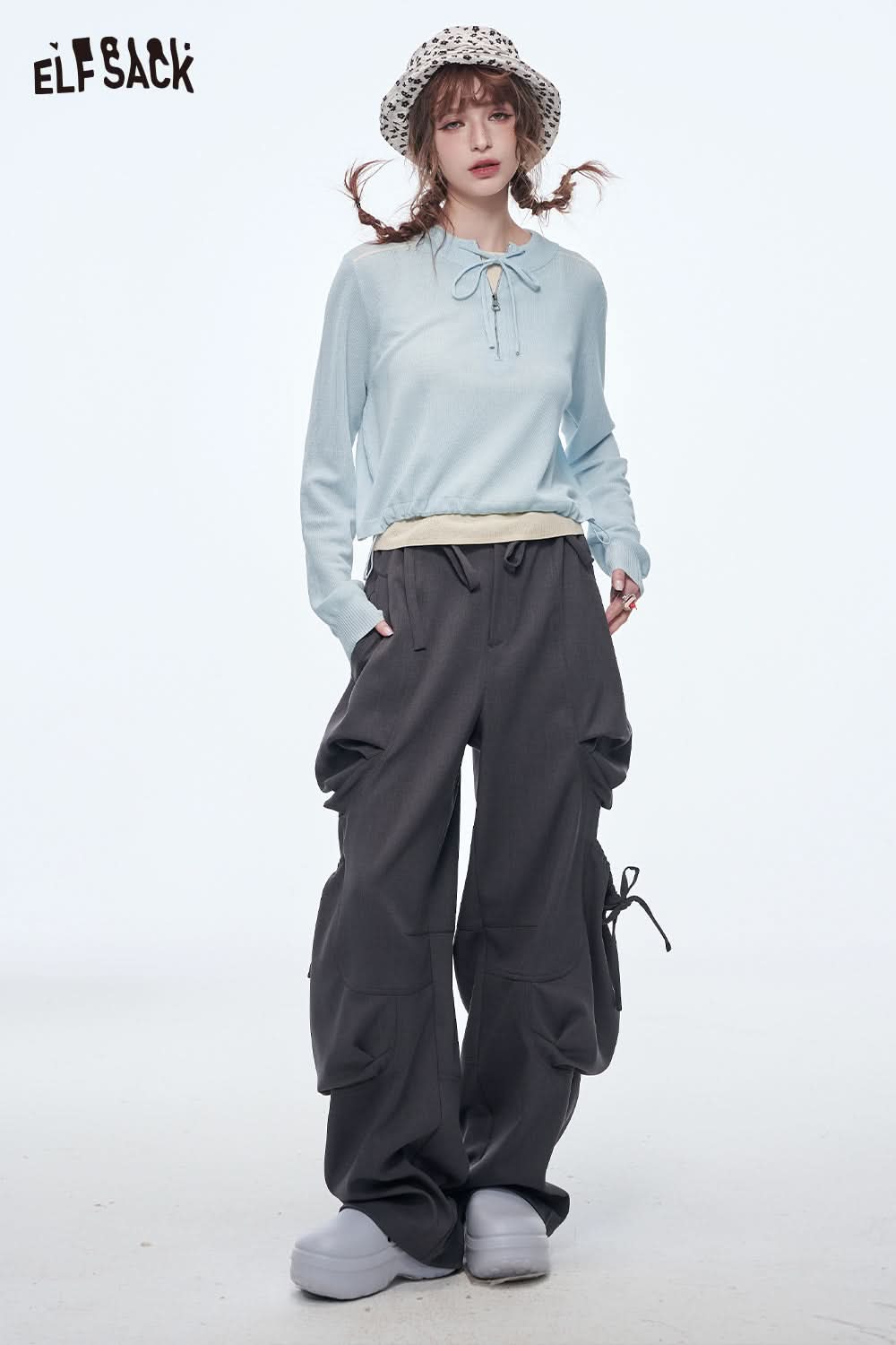 ELFSACK Casual Versatile Solid Loose Knit Pullover Dopamine Zipper Casual Tops