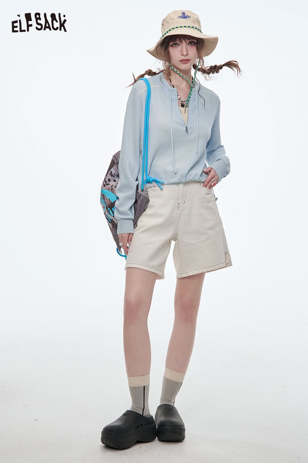 ELFSACK Casual Versatile Solid Loose Knit Pullover Dopamine Zipper Casual Tops