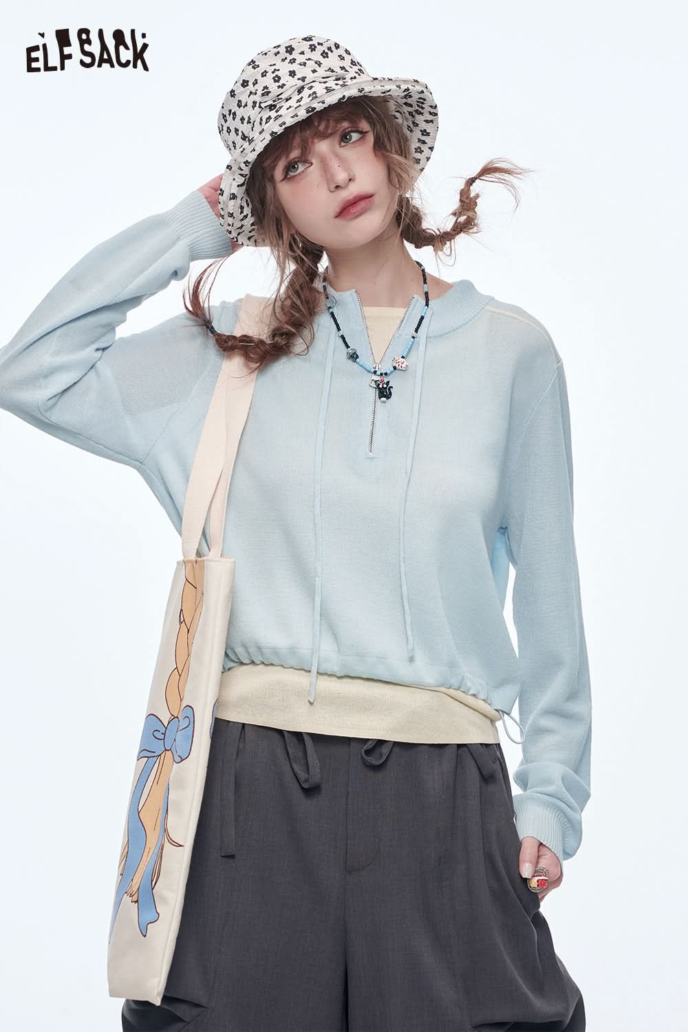 ELFSACK Casual Versatile Solid Loose Knit Pullover Dopamine Zipper Casual Tops