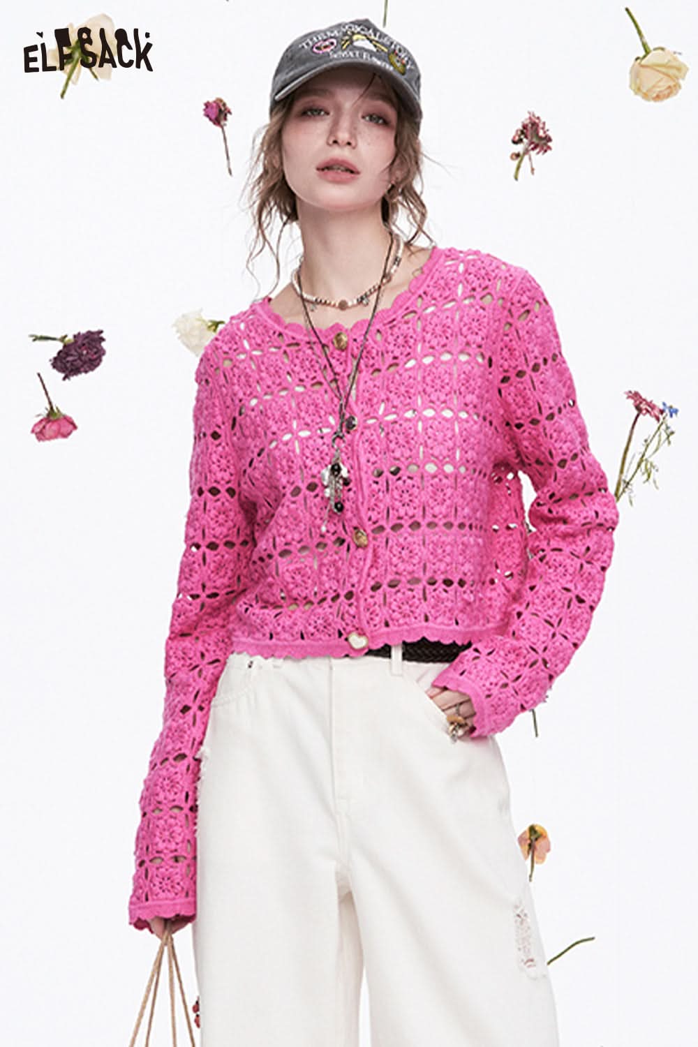 ELFSACK Y2K Dopamine Hollow Flower Knitted Cardigan Female
