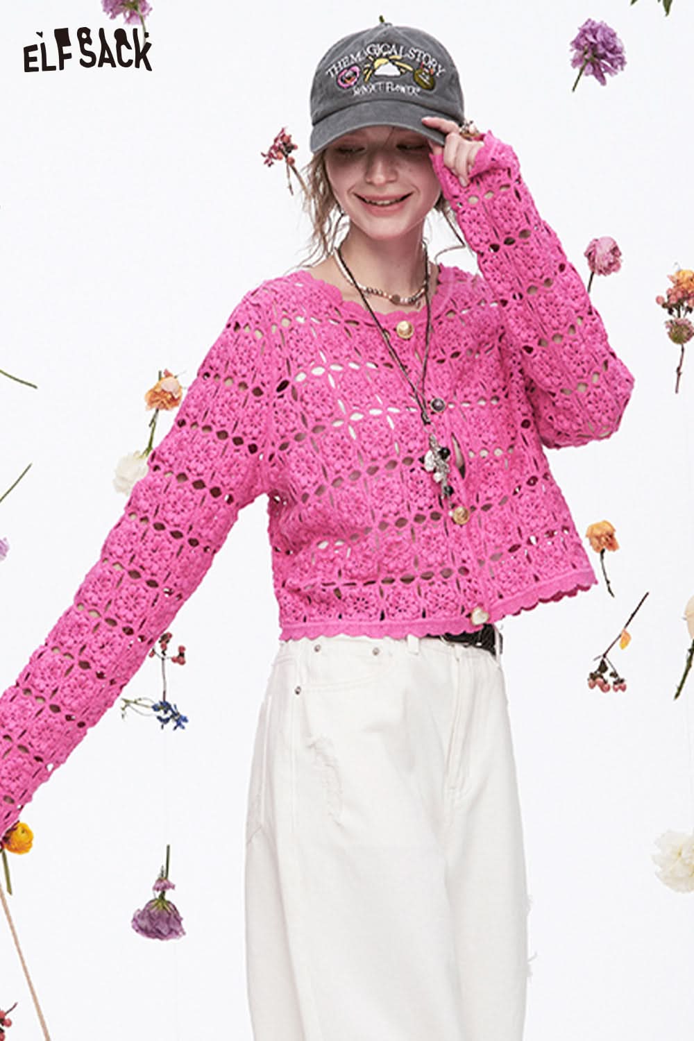 ELFSACK Y2K Dopamine Hollow Flower Knitted Cardigan Female