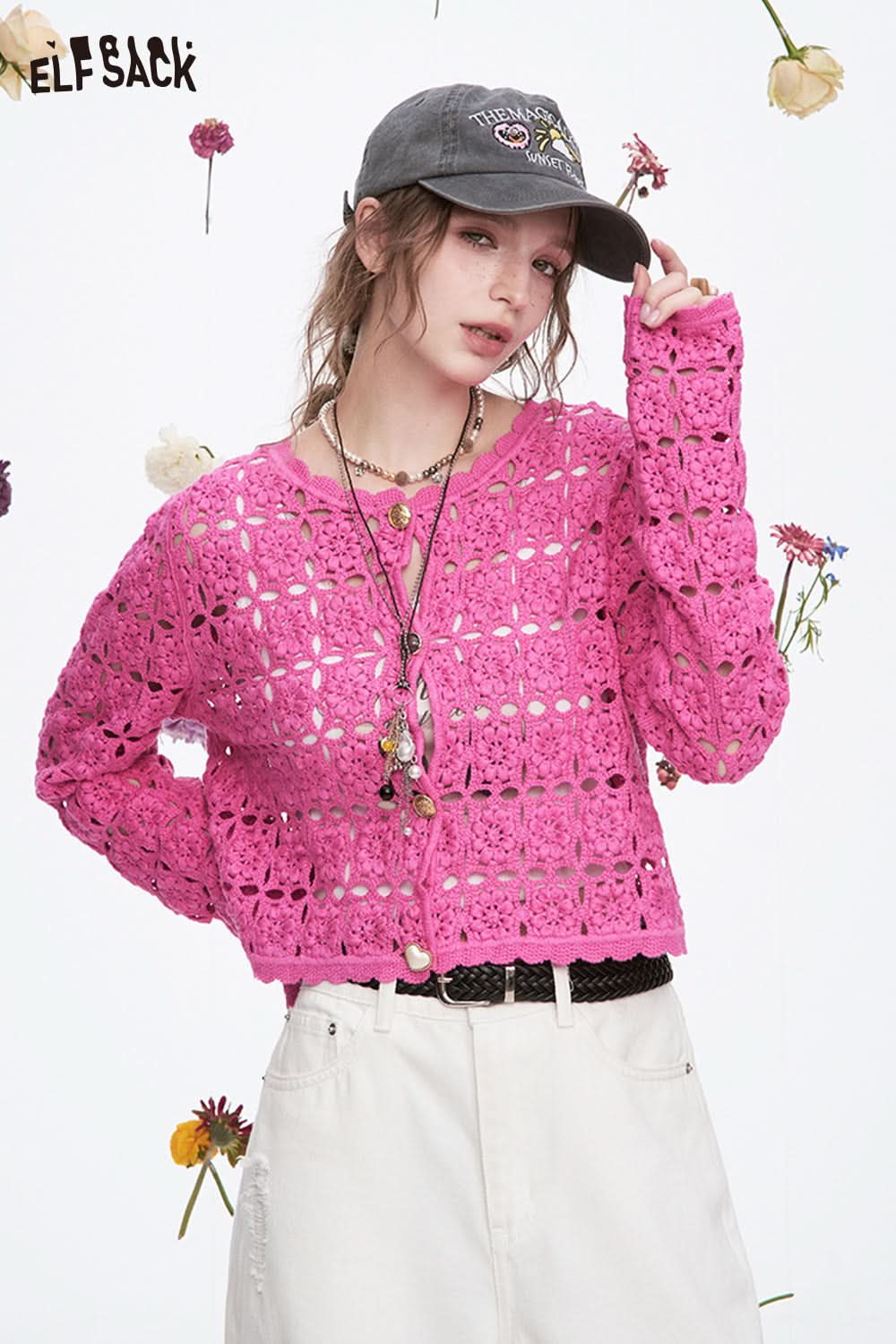 ELFSACK Y2K Dopamine Hollow Flower Knitted Cardigan Female
