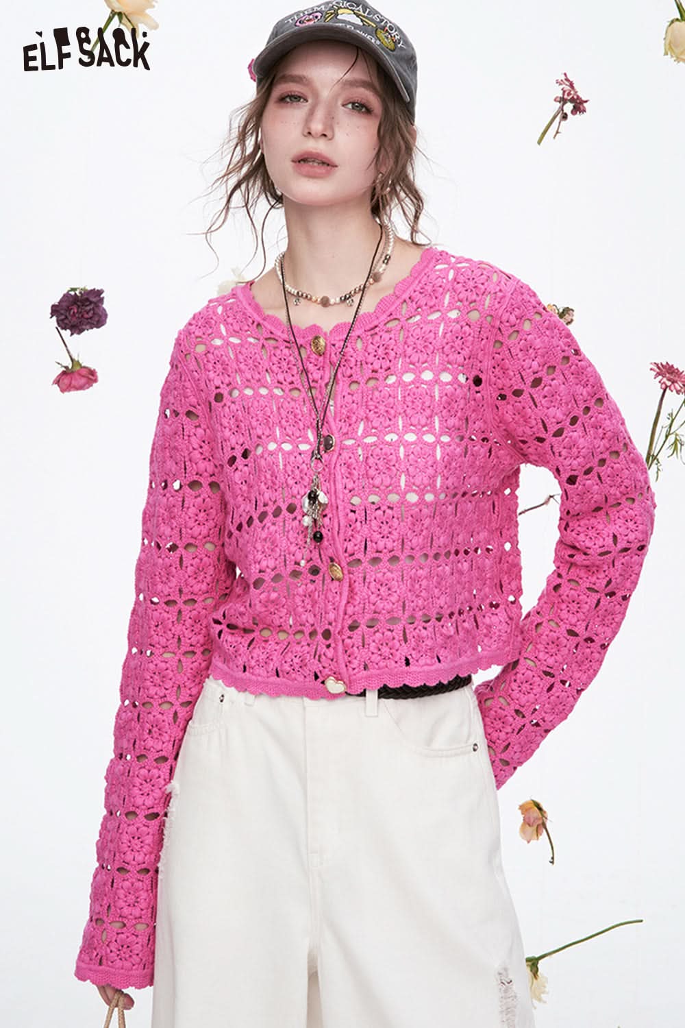 ELFSACK Y2K Dopamine Hollow Flower Knitted Cardigan Female