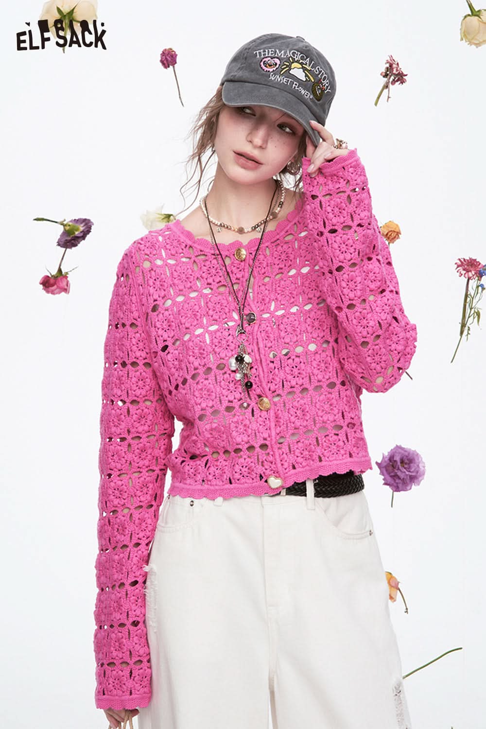 ELFSACK Y2K Dopamine Hollow Flower Knitted Cardigan Female