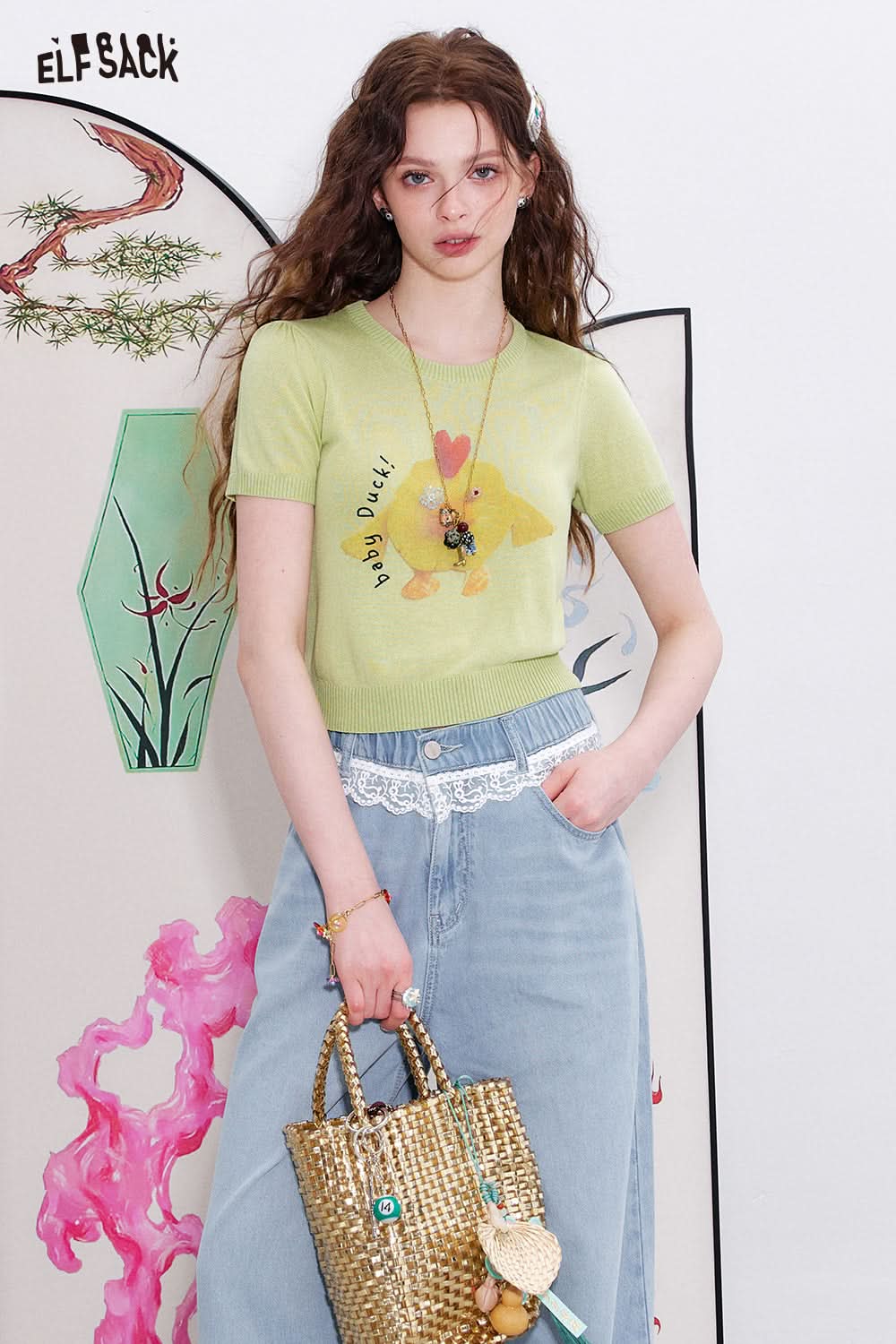 ELFSACK Y2K Sequin Printed Short Sleeve Knitted Pullover Women Casual Sweet Crop Top