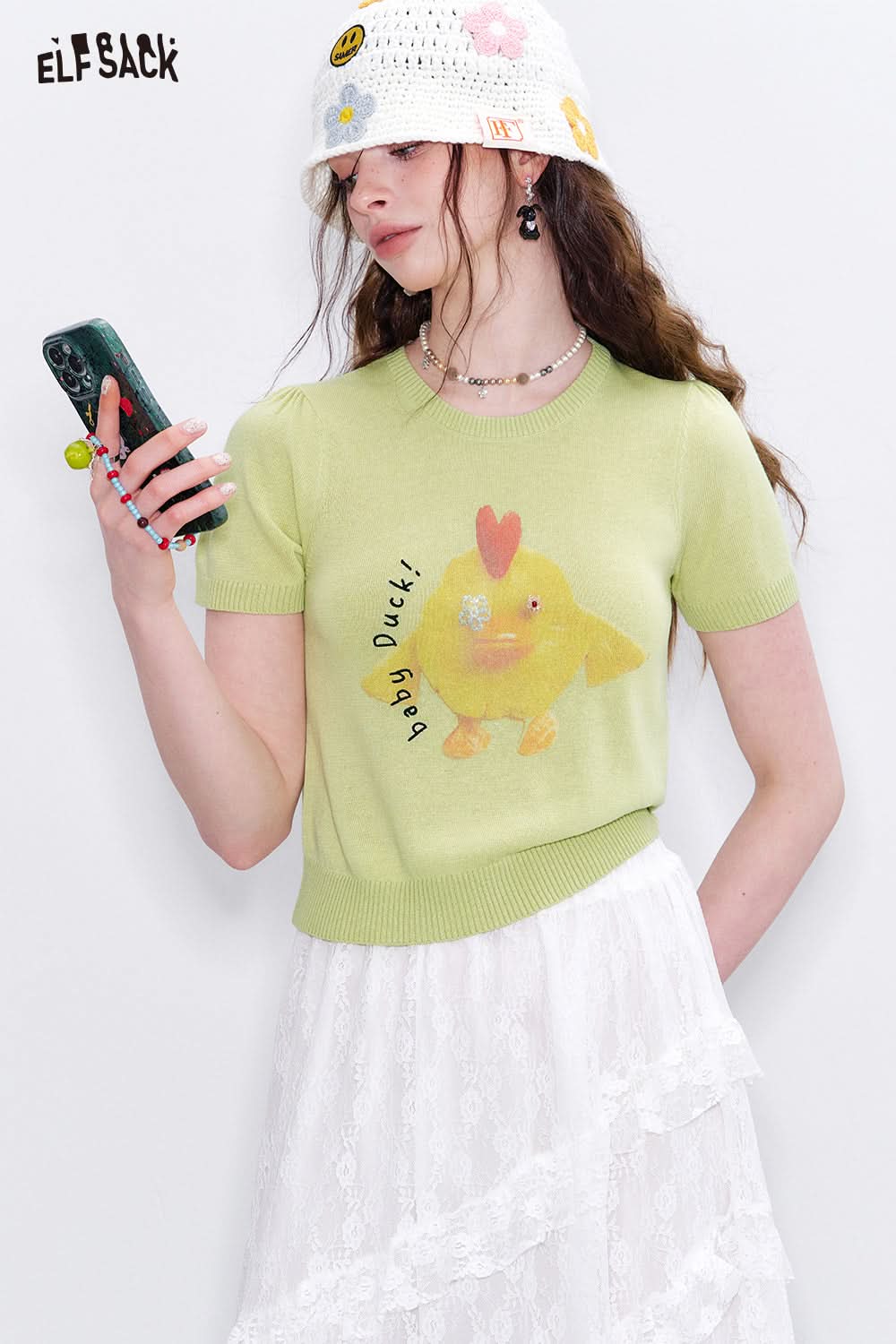 ELFSACK Y2K Sequin Printed Short Sleeve Knitted Pullover Women Casual Sweet Crop Top