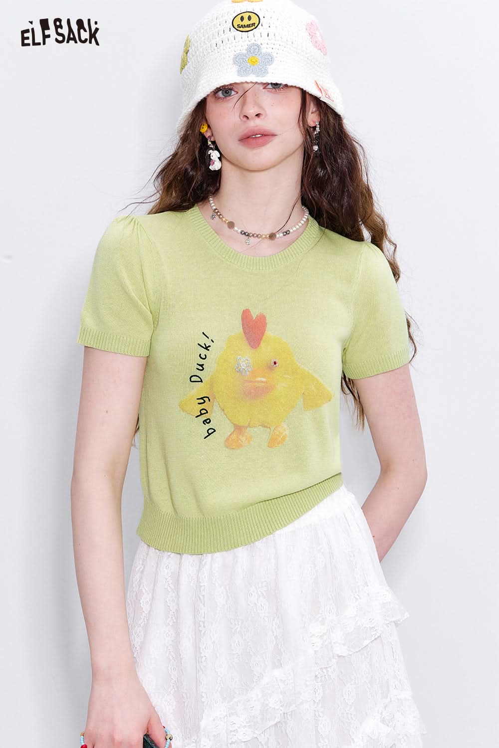 ELFSACK Y2K Sequin Printed Short Sleeve Knitted Pullover Women Casual Sweet Crop Top