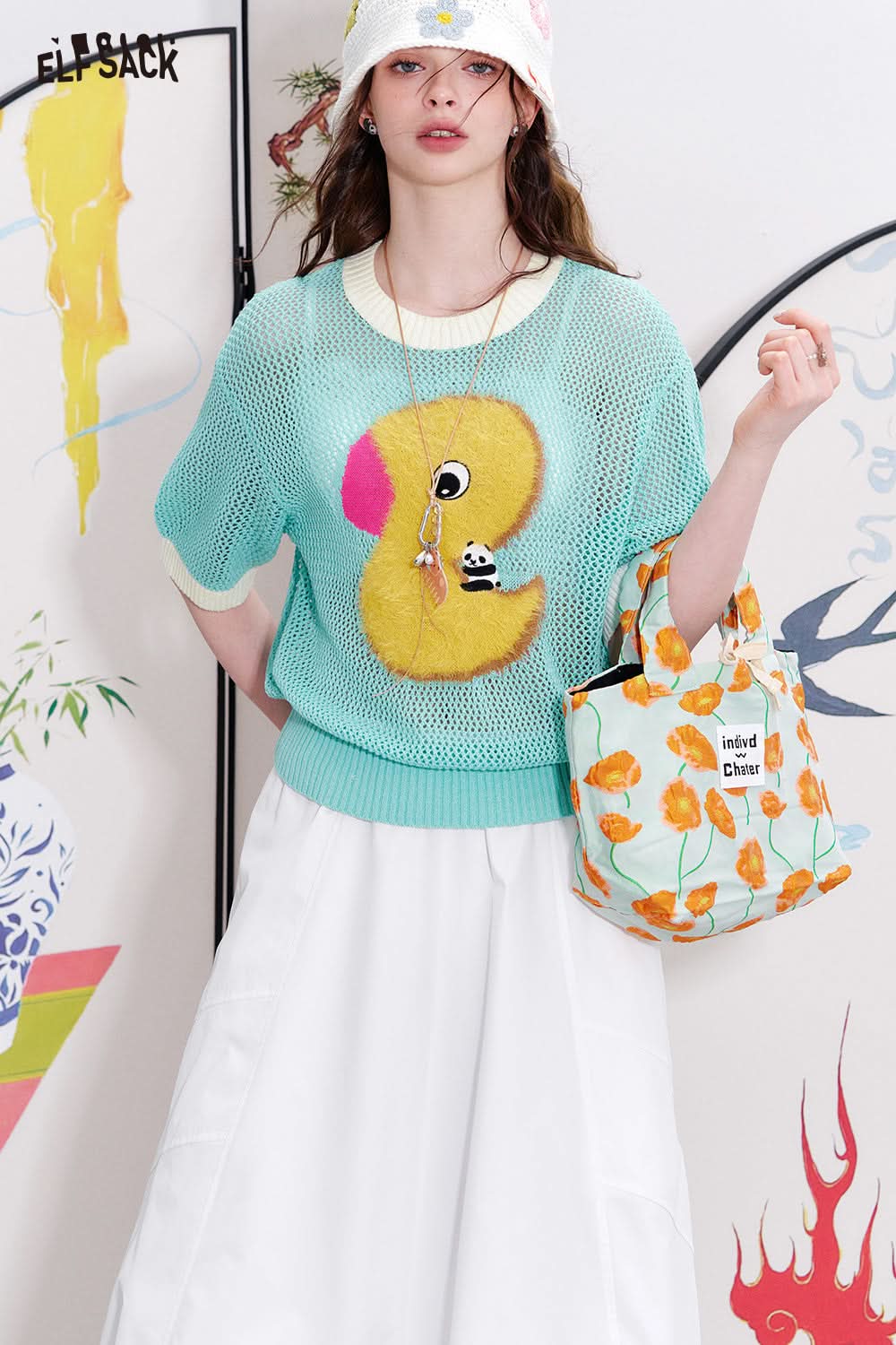 ELFSACK Yellow Duck Hollow Short Sleeve Knitted Hoodie