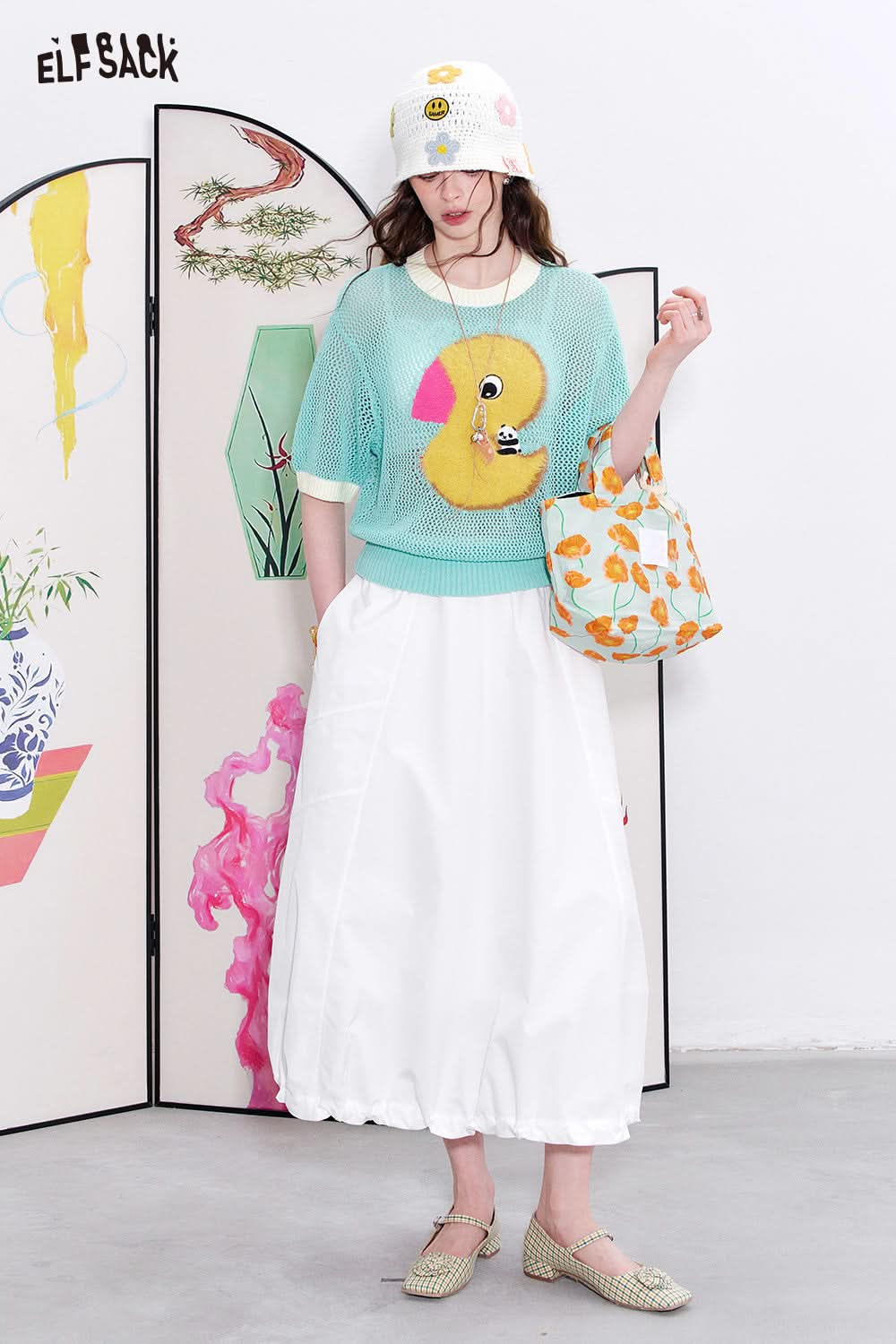 ELFSACK Yellow Duck Hollow Short Sleeve Knitted Hoodie