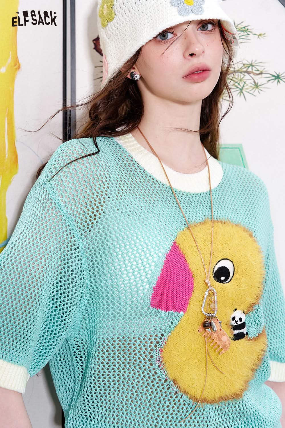 ELFSACK Yellow Duck Hollow Short Sleeve Knitted Hoodie