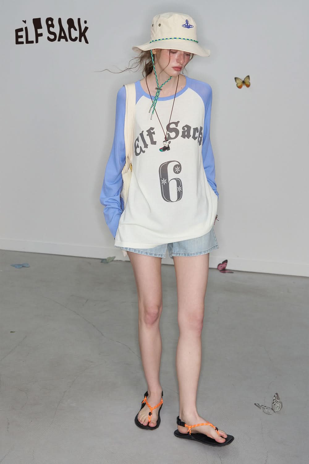 ELFSACK Preppy Style Raglan Long Sleeve Loose T-Shirt Letter Print Oversized Knit Pullover Women