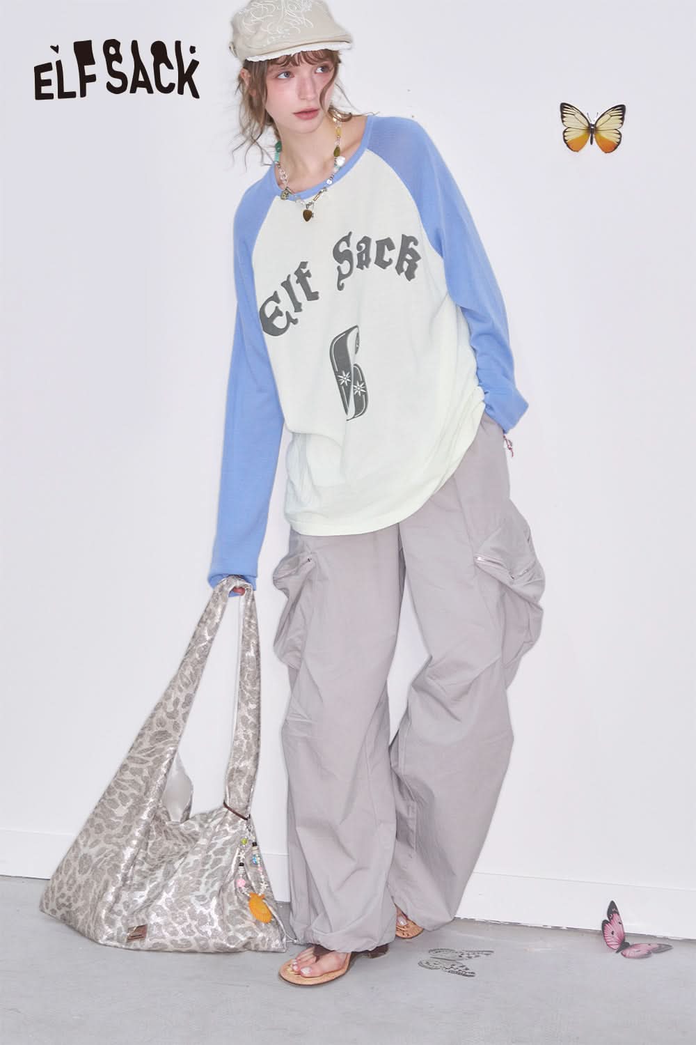 ELFSACK Preppy Style Raglan Long Sleeve Loose T-Shirt Letter Print Oversized Knit Pullover Women