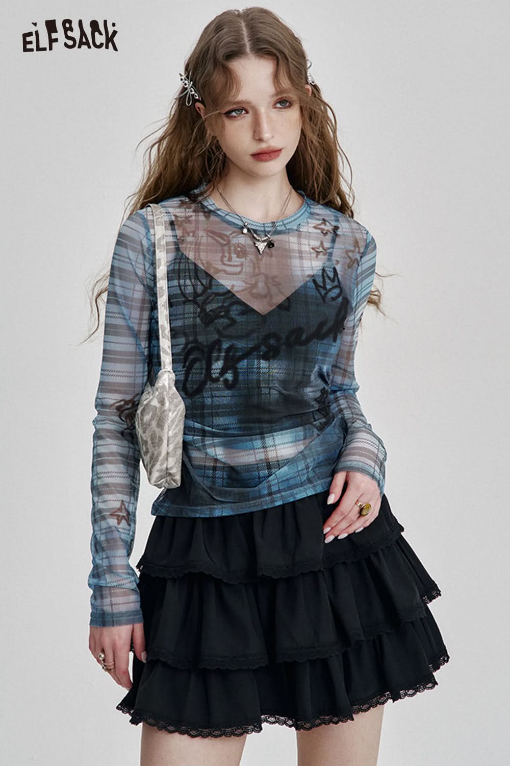 ELFSACK Y2K Plaid Print Slim Fit Thin Lace Shirt Women Semi-transparent Long Sleeve Streetwear Top