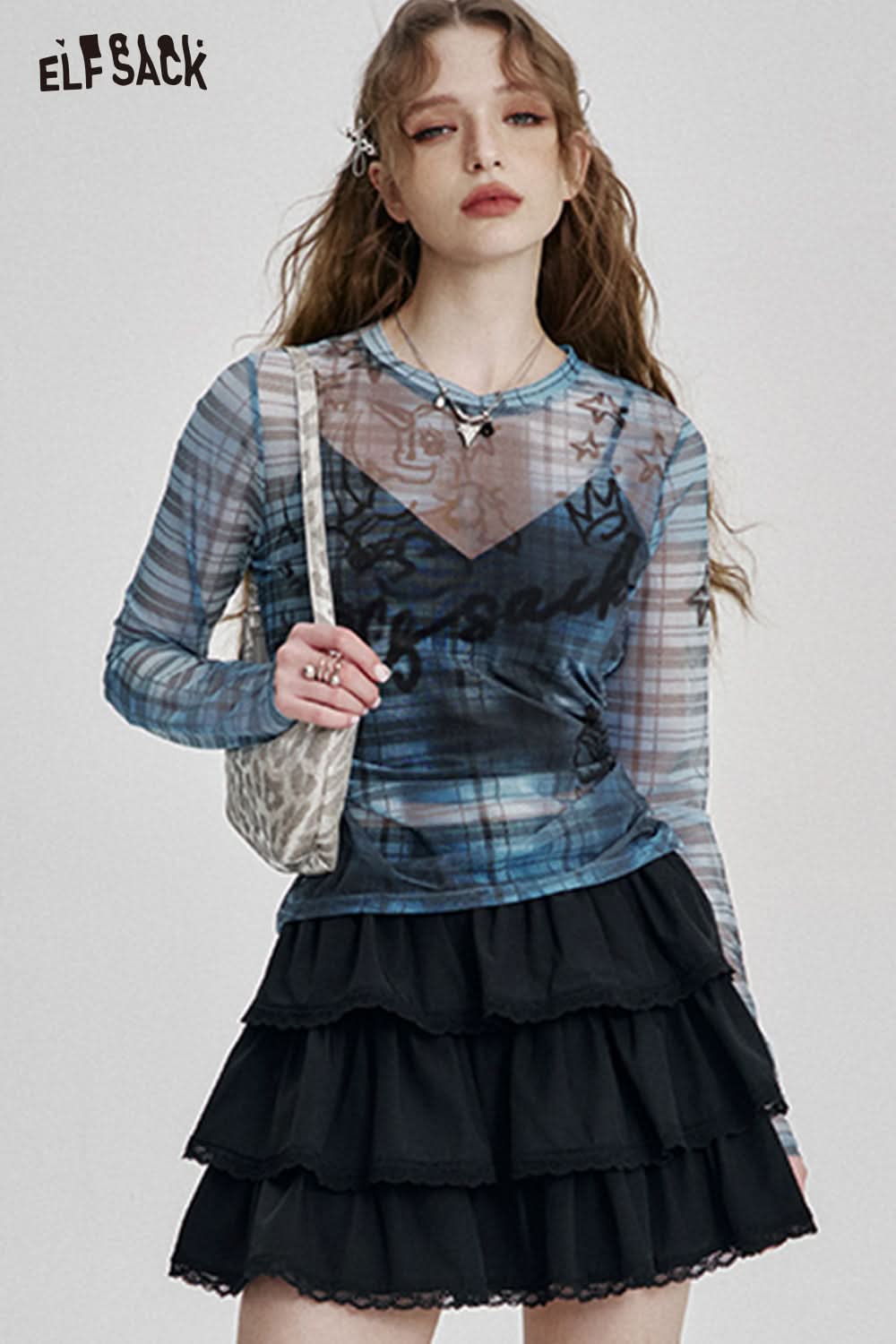 ELFSACK Y2K Plaid Print Slim Fit Thin Lace Shirt Women Semi-transparent Long Sleeve Streetwear Top