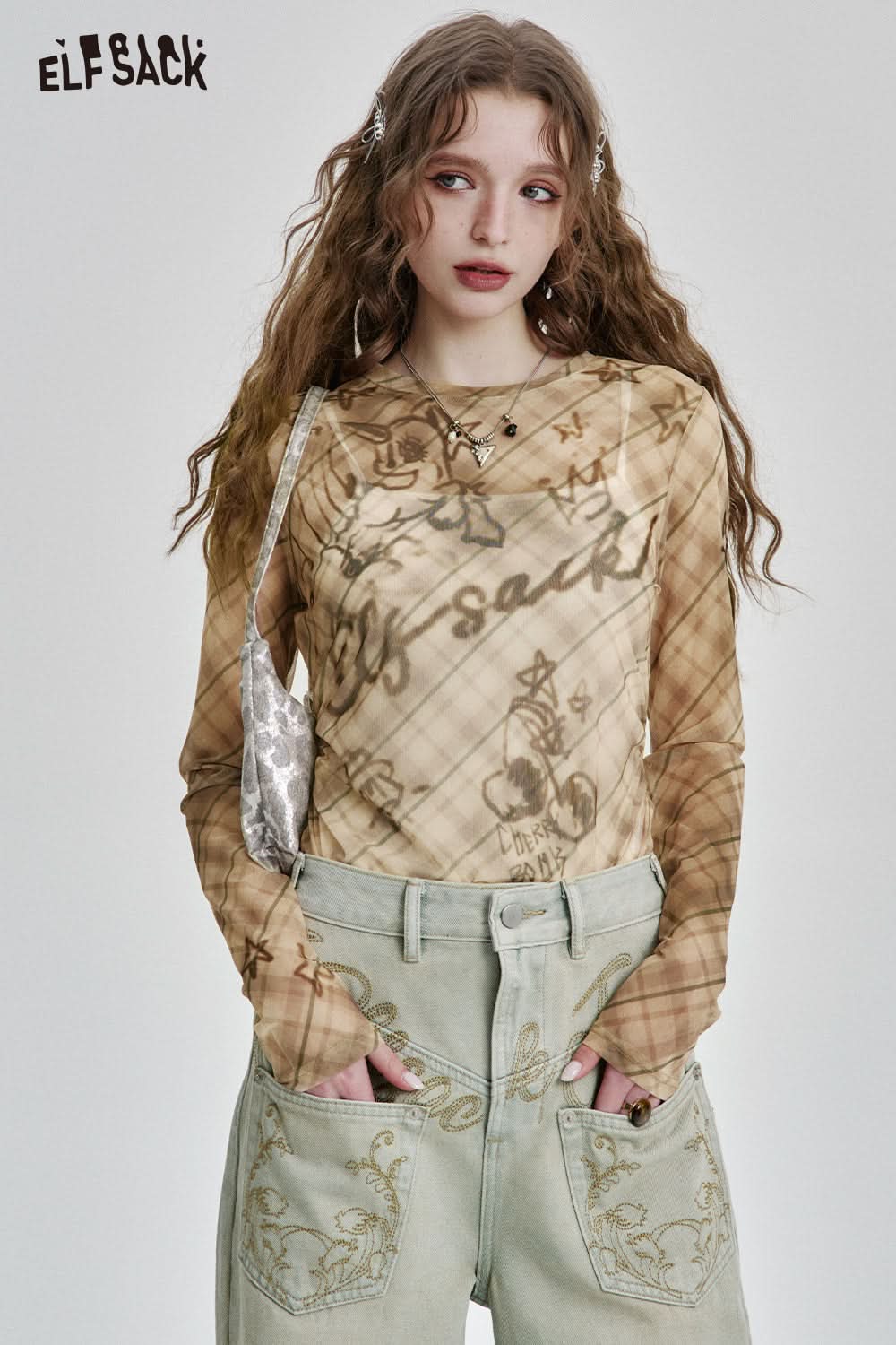 ELFSACK Y2K Plaid Print Slim Fit Thin Lace Shirt Women Semi-transparent Long Sleeve Streetwear Top