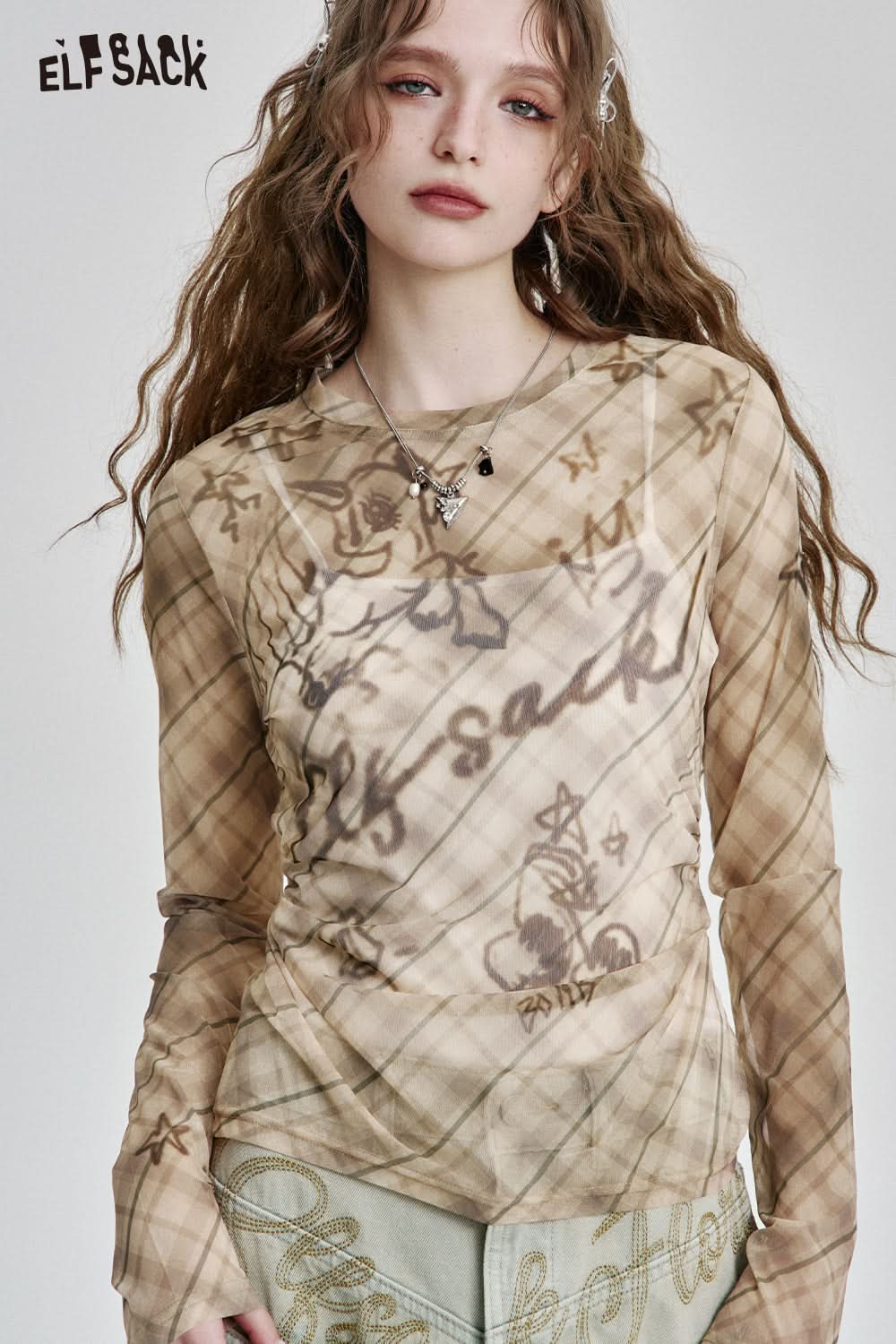 ELFSACK Y2K Plaid Print Slim Fit Thin Lace Shirt Women Semi-transparent Long Sleeve Streetwear Top