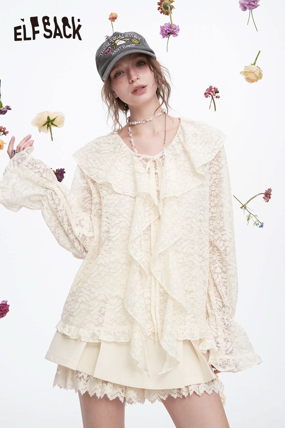 ELFSACK Elegant Sweet Ruffle Lace Shirt Camisole Women's Long Sleeve Loose Top Set