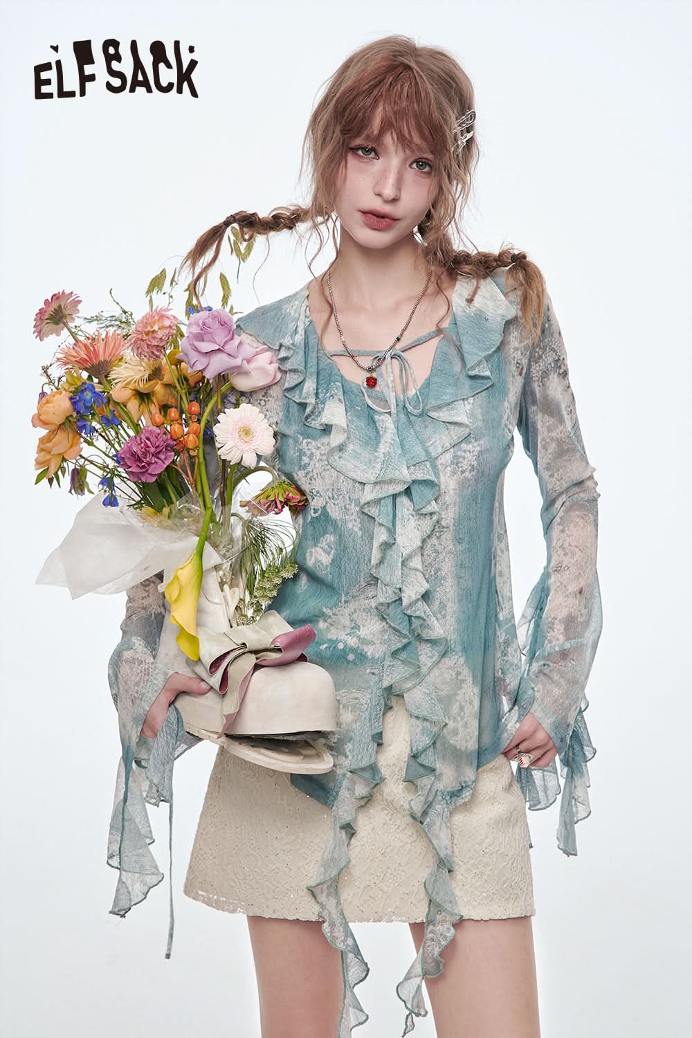 ELFSACK Blue Ruffles Mesh Printed Chiffon Blouse Women Holiday Beach Fake Two-piece Suspender Blouse