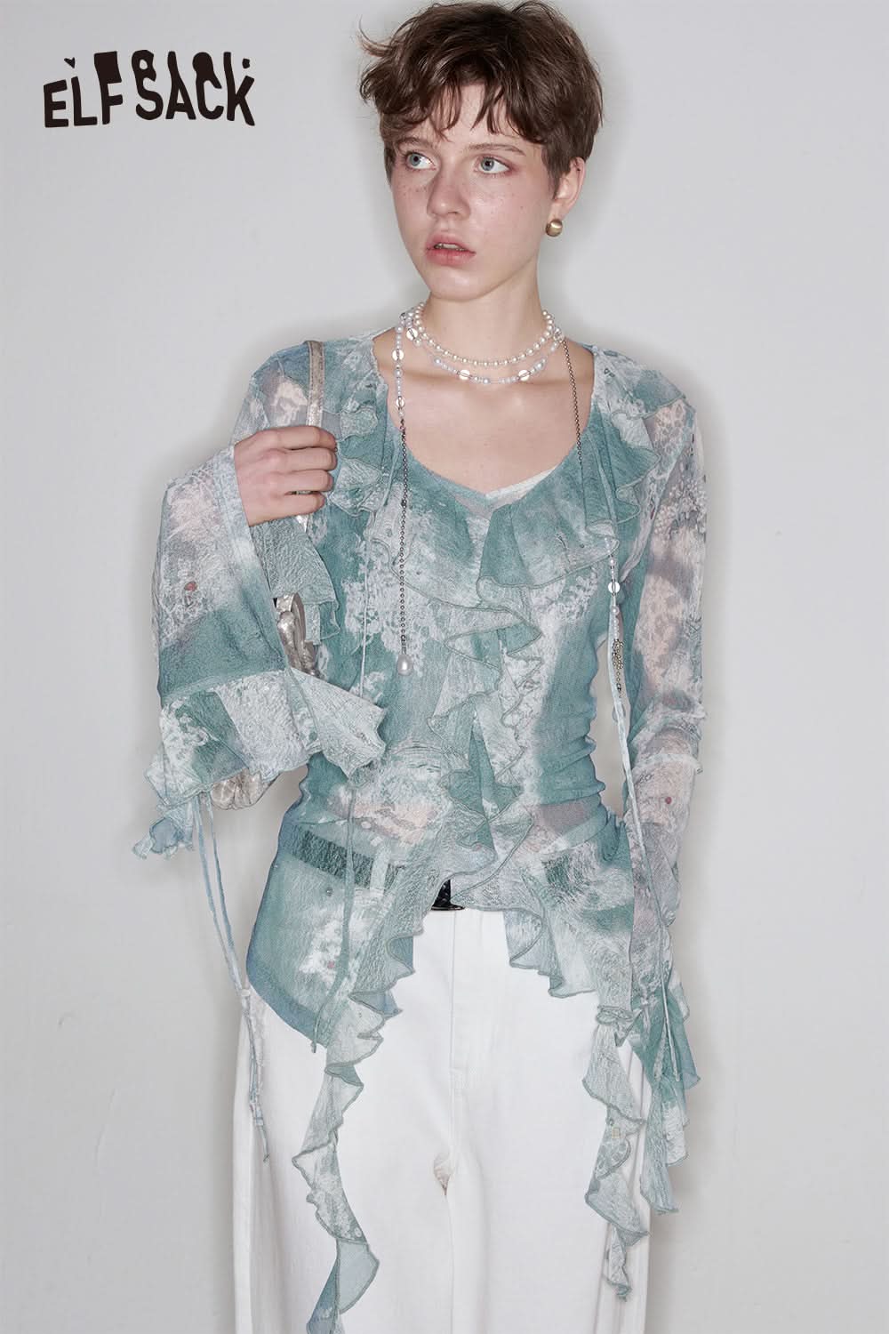 ELFSACK Blue Ruffles Mesh Printed Chiffon Blouse Women Holiday Beach Fake Two-piece Suspender Blouse