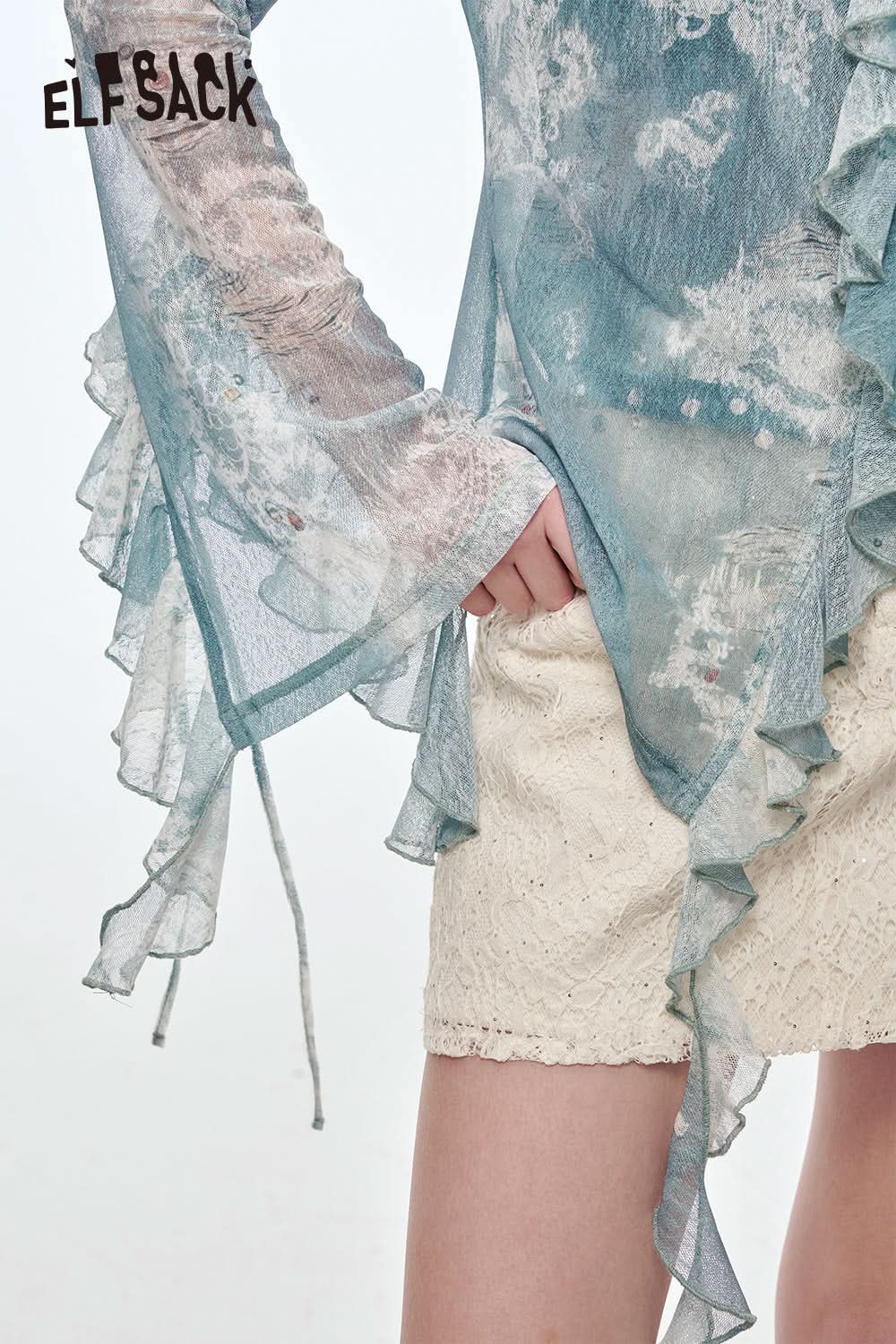 ELFSACK Blue Ruffles Mesh Printed Chiffon Blouse Women Holiday Beach Fake Two-piece Suspender Blouse