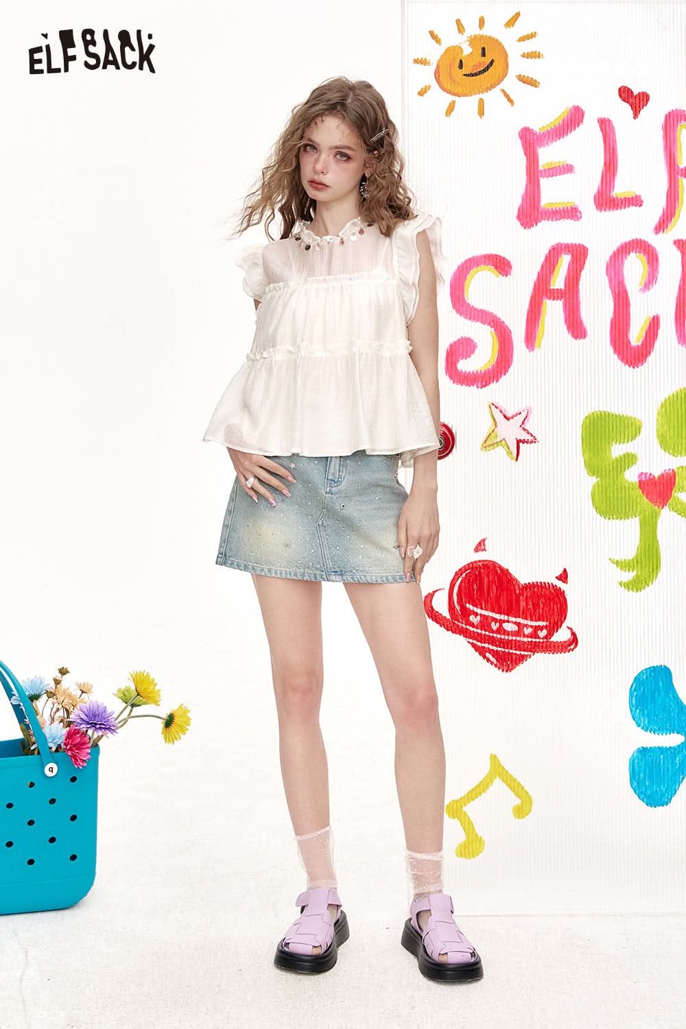 ELFSACK Shell Decoration Small Flying Sleeve Chic Chiffon Shirt