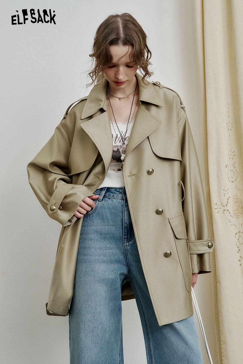 ELFSACK Casual Versatile Khaki Mid-Length Trenchcoat Windbreaker Women Sashes Elegant Outwear