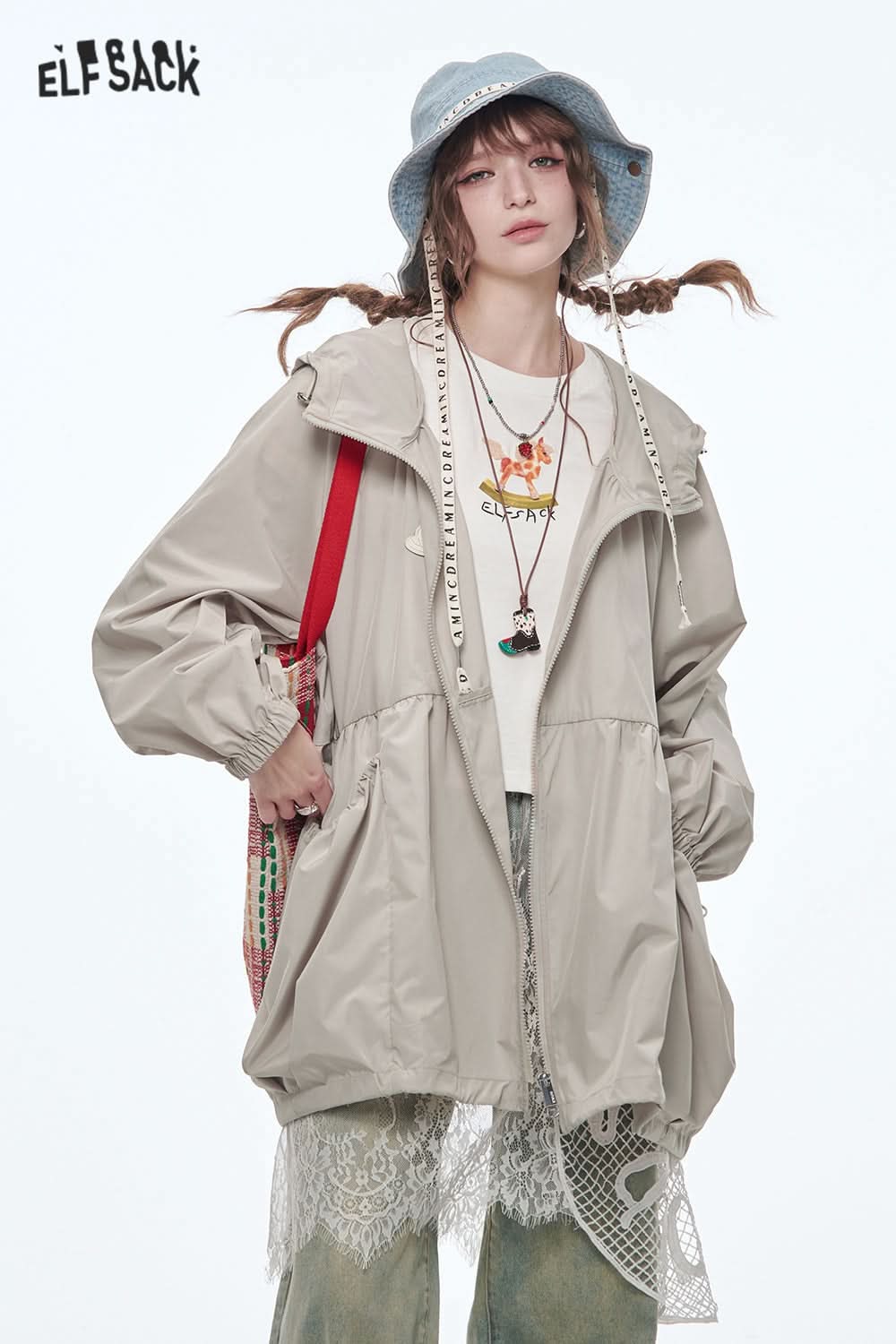 ELFSACK Original Girls Printed Mid-Length Hooded Light Jacket Women Loose Female Outerwear