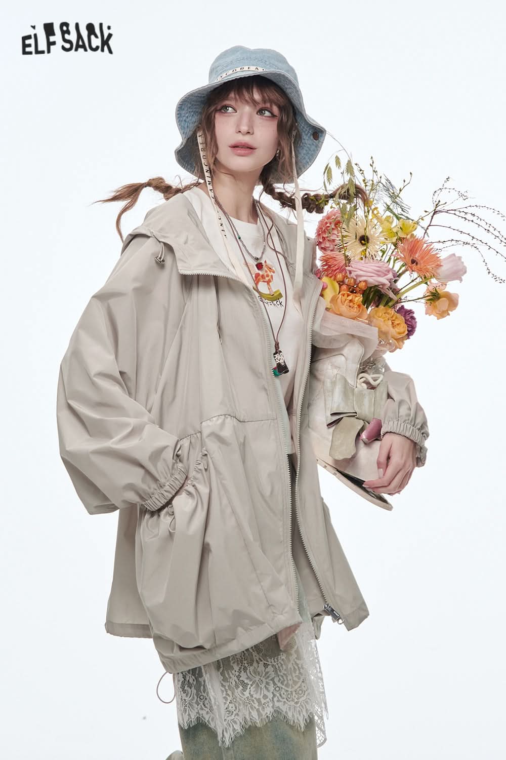 ELFSACK Original Girls Printed Mid-Length Hooded Light Jacket Women Loose Female Outerwear