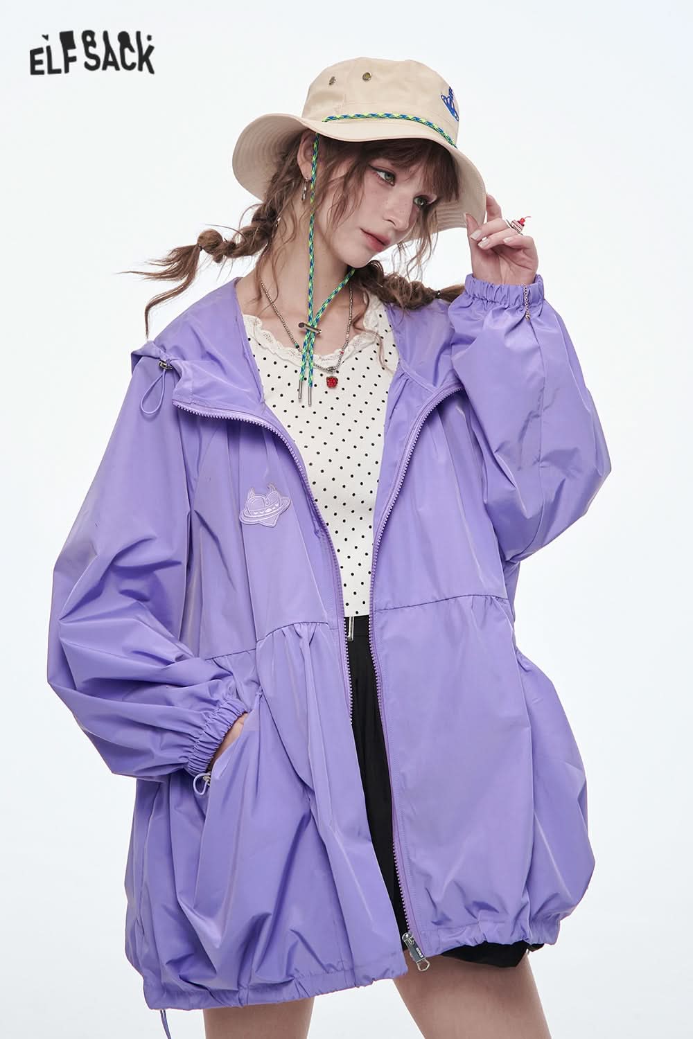 ELFSACK Original Girls Printed Mid-Length Hooded Light Jacket Women Loose Female Outerwear