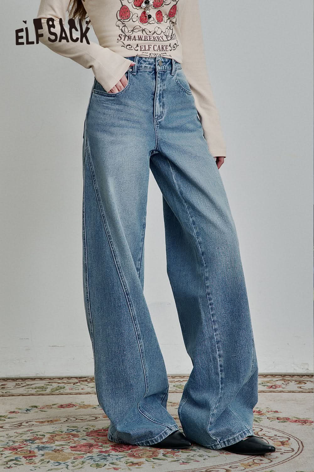 ELFSACK Deconstruct Lace Patchwork High Waist Jeans Women Blue Long Loose Retro Casual Denim Pants