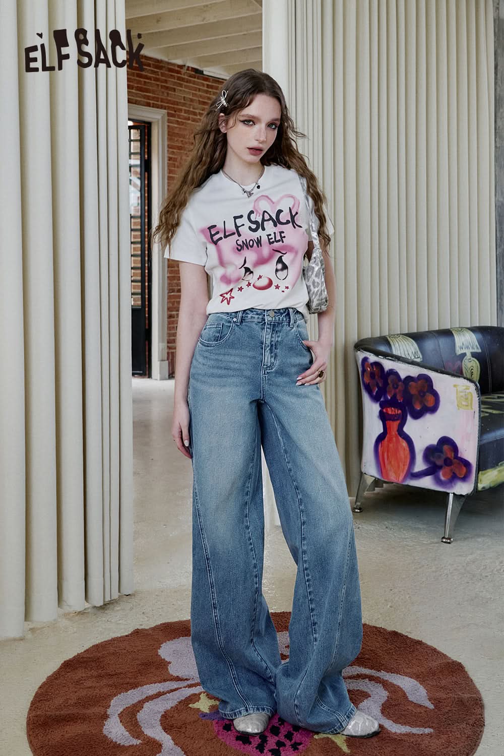 ELFSACK Deconstruct Lace Patchwork High Waist Jeans Women Blue Long Loose Retro Casual Denim Pants