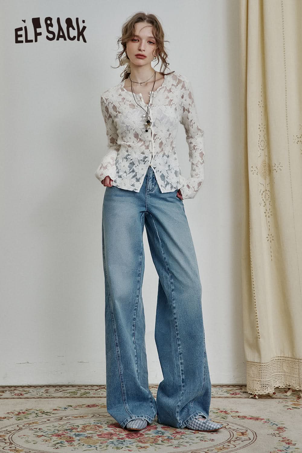 ELFSACK Deconstruct Lace Patchwork High Waist Jeans Women Blue Long Loose Retro Casual Denim Pants