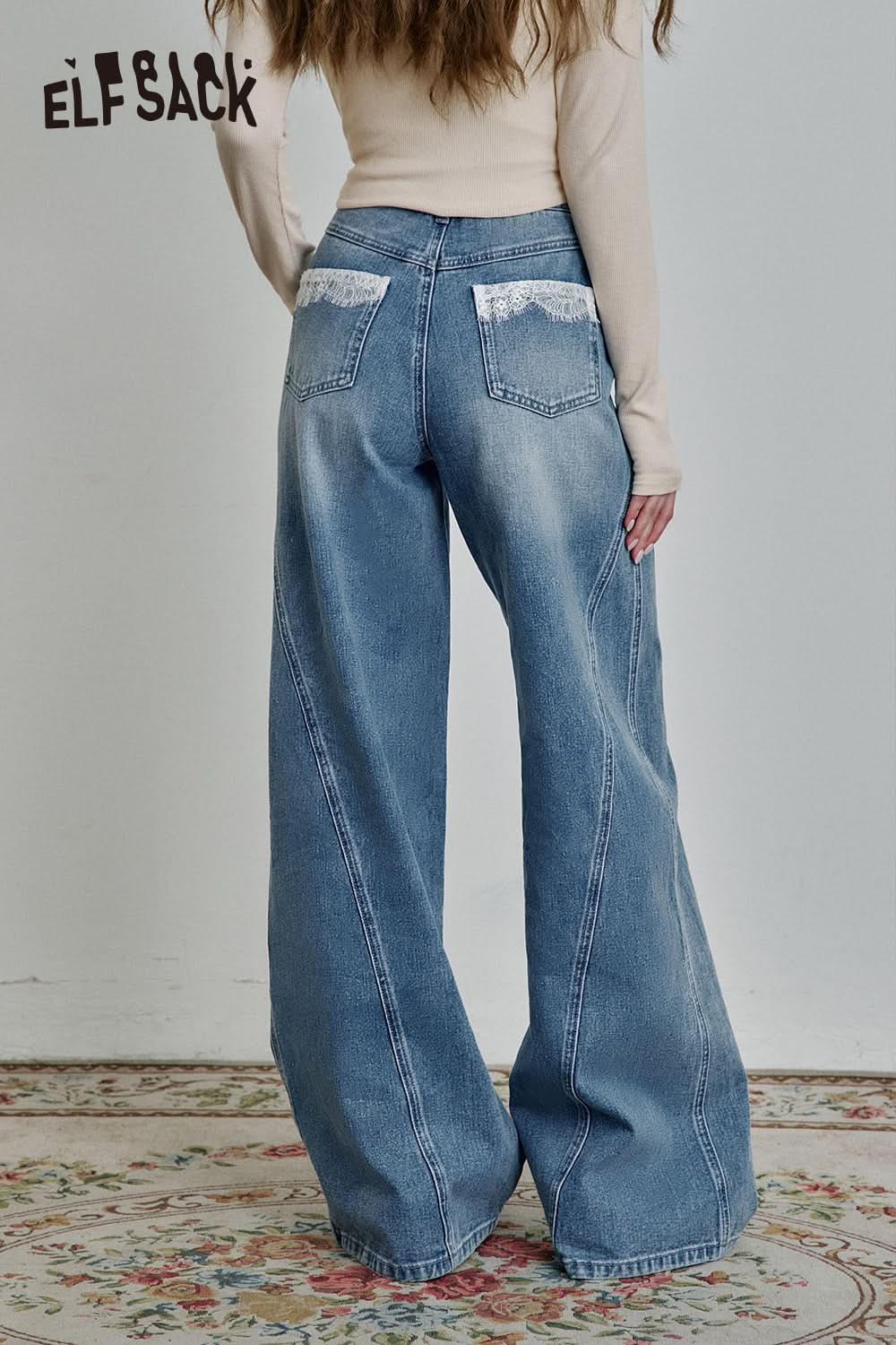 ELFSACK Deconstruct Lace Patchwork High Waist Jeans Women Blue Long Loose Retro Casual Denim Pants