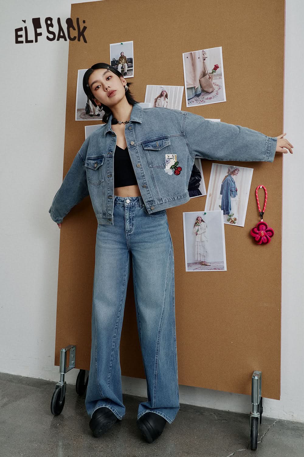 ELFSACK Deconstruct Lace Patchwork High Waist Jeans Women Blue Long Loose Retro Casual Denim Pants