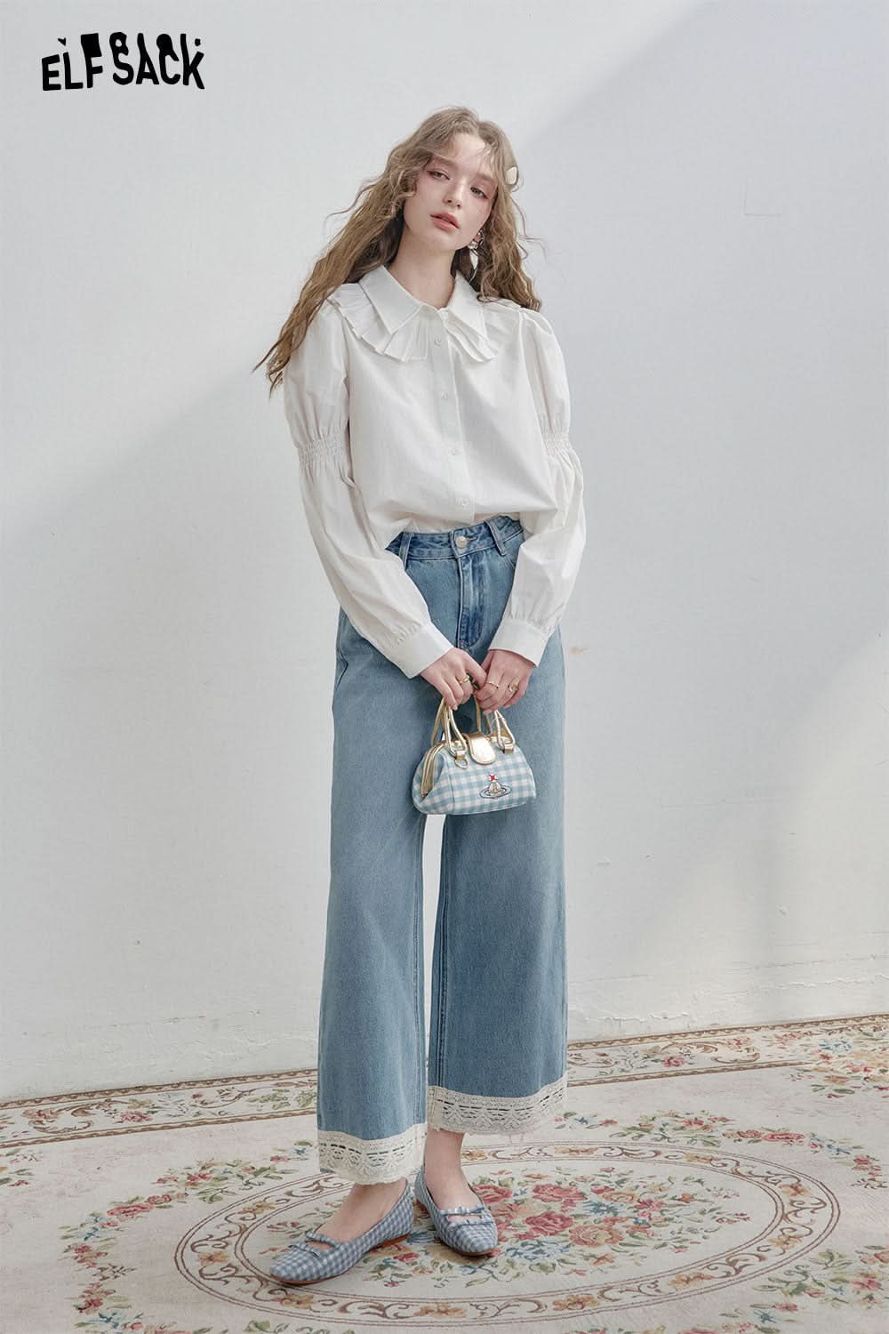 ELFSACK Retro Elegant Blue Loose Lace Trim Nine Point Jeans