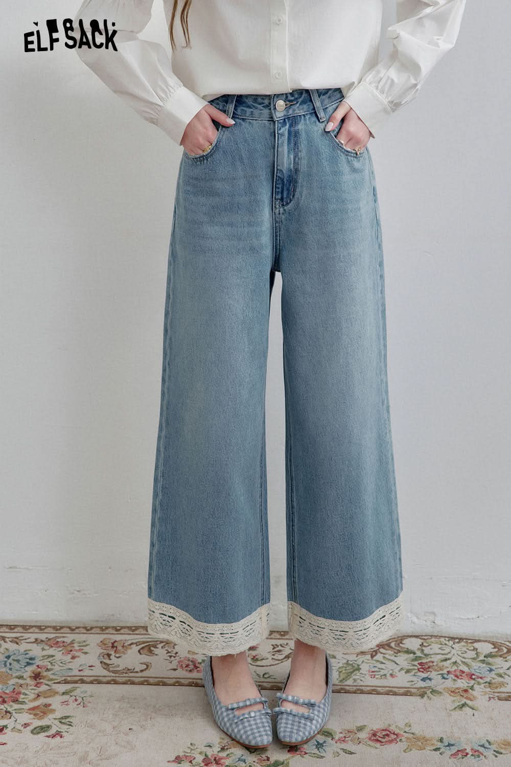 ELFSACK Retro Elegant Blue Loose Lace Trim Nine Point Jeans