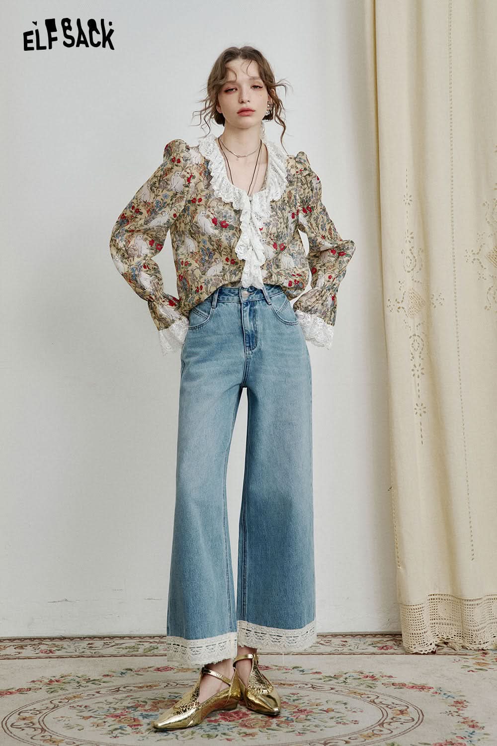 ELFSACK Retro Elegant Blue Loose Lace Trim Nine Point Jeans