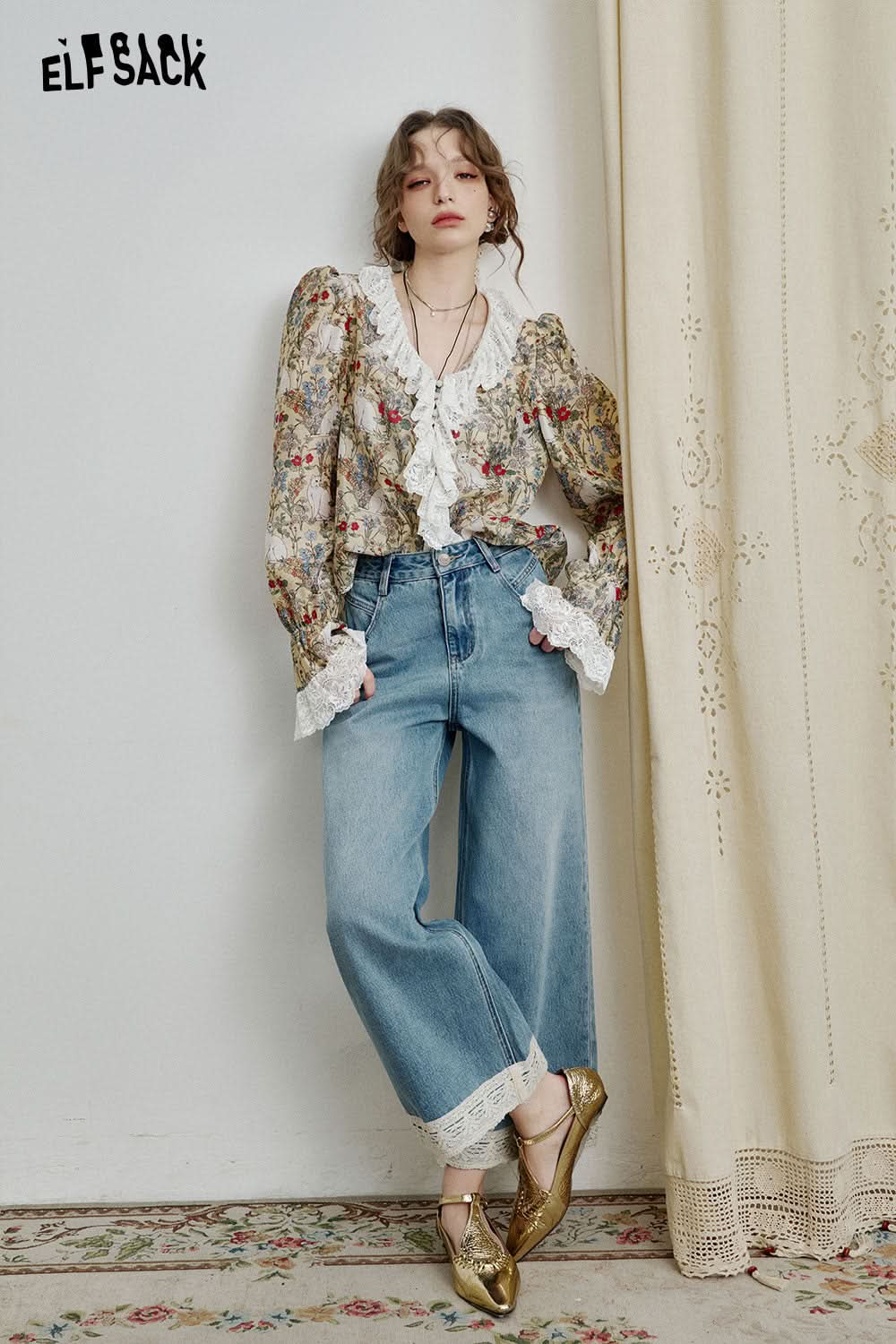 ELFSACK Retro Elegant Blue Loose Lace Trim Nine Point Jeans